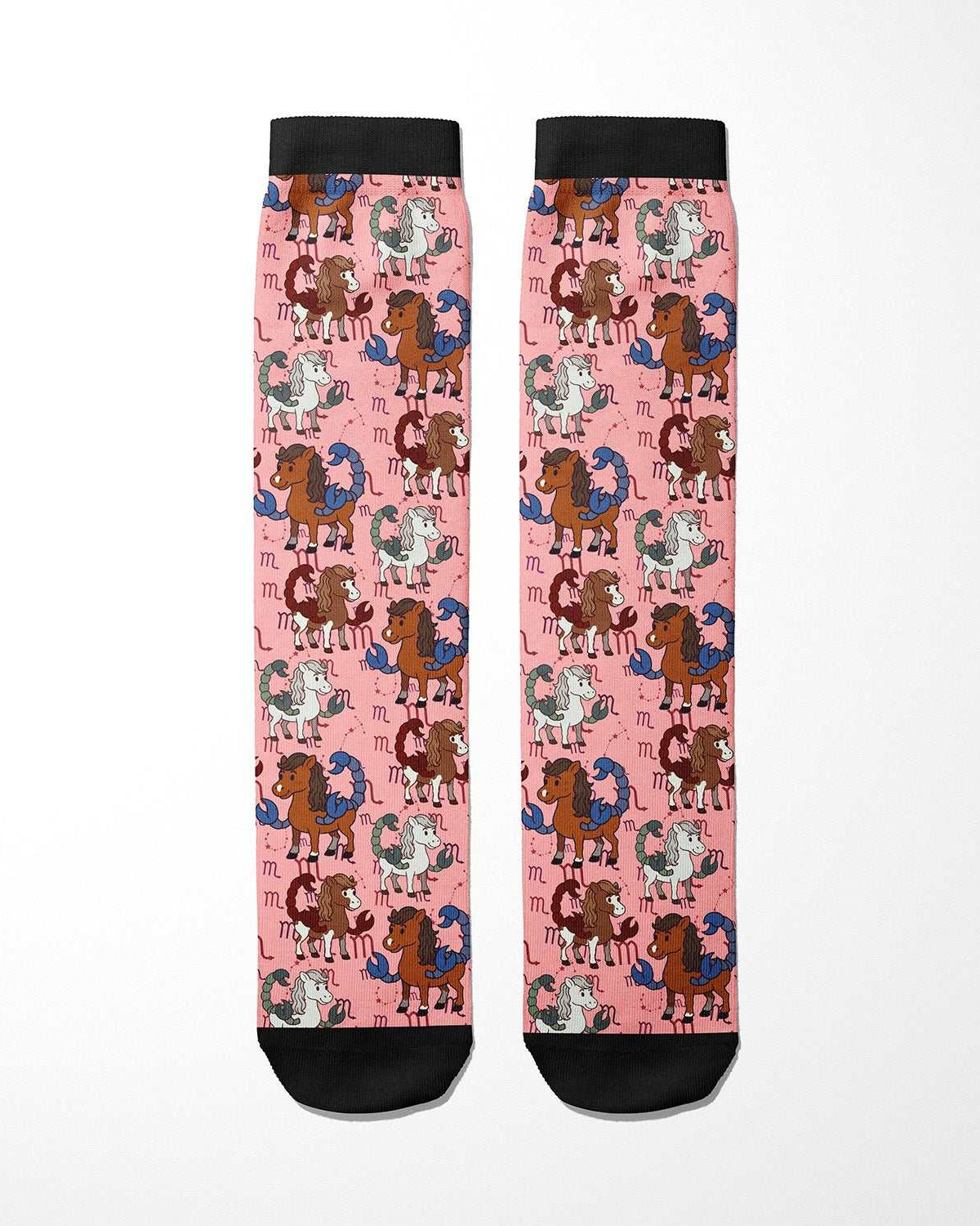 Limited edition Scorpio zodiac boot socks with horse and Scorpio symbol pattern in pink, black cuff and toe accents