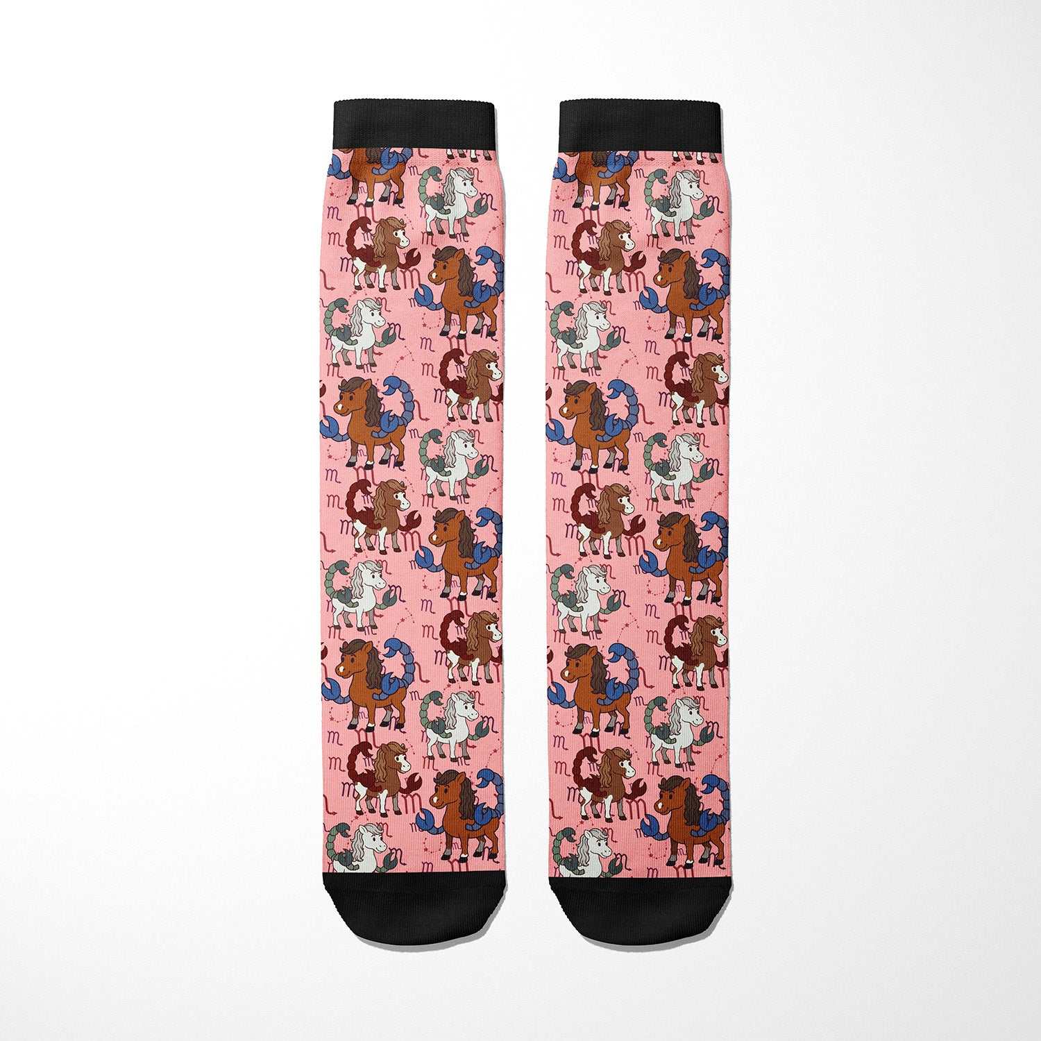 Limited edition Scorpio zodiac boot socks with horse and Scorpio symbol pattern in pink, black cuff and toe accents
