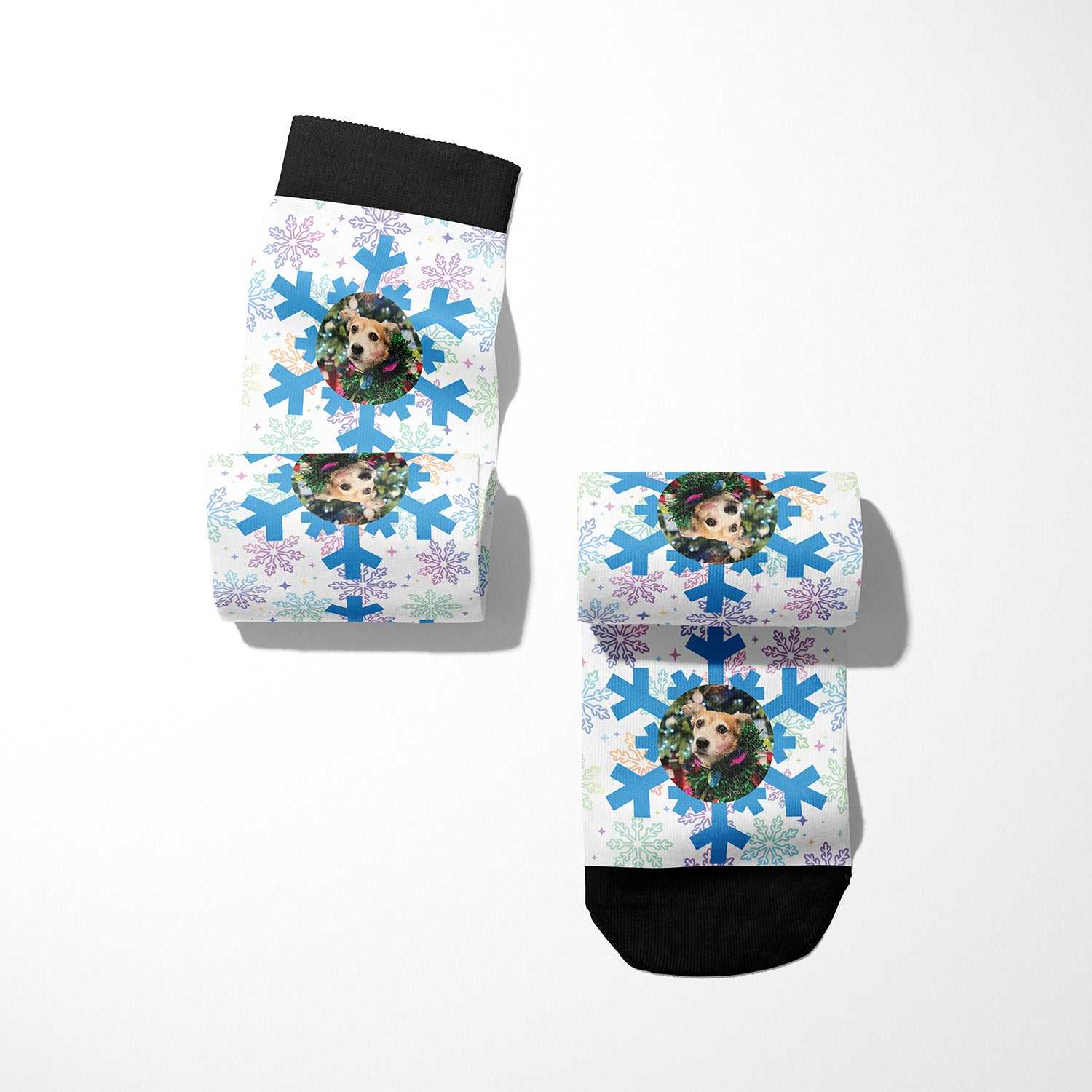 custom socks with snowflake pattern and personalized dog image design