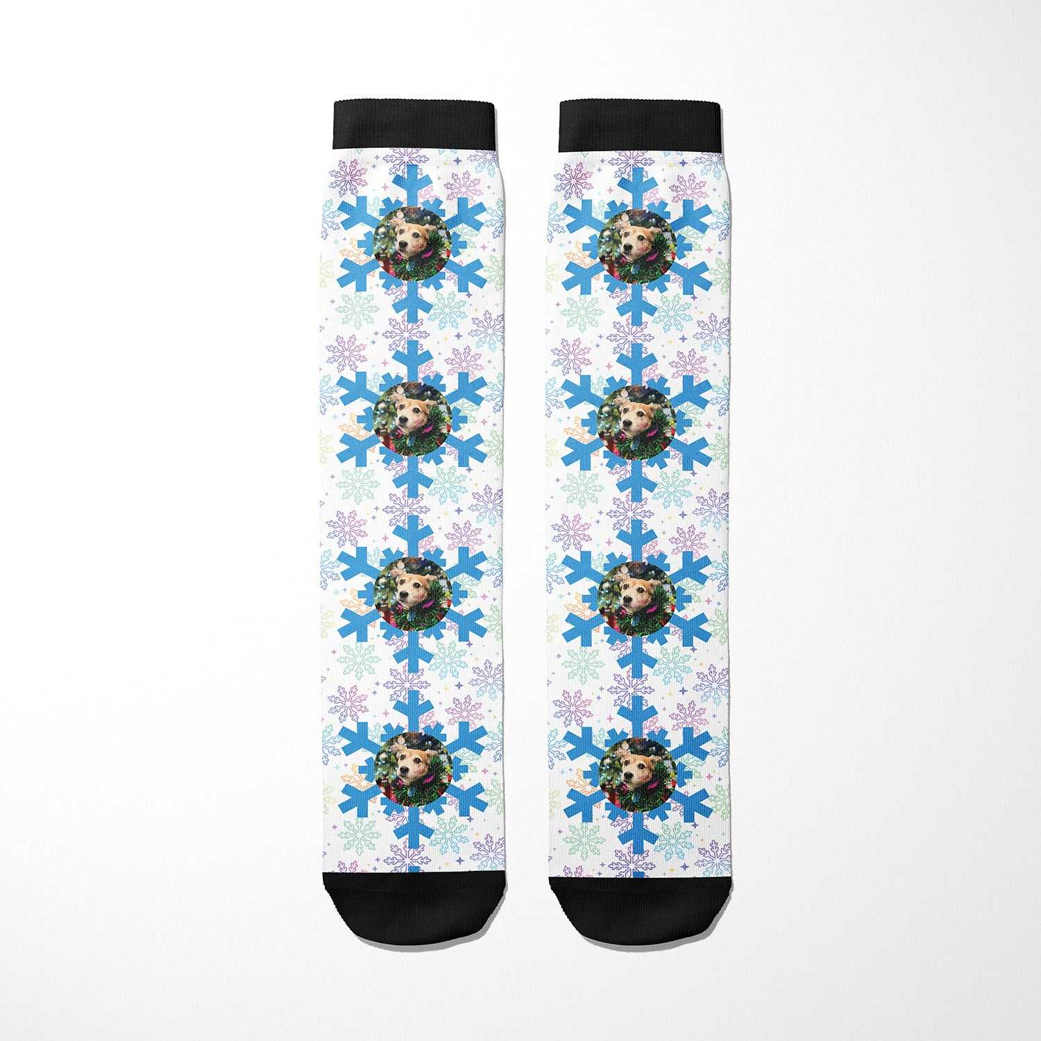 Custom socks with blue snowflake pattern and personalized photo design