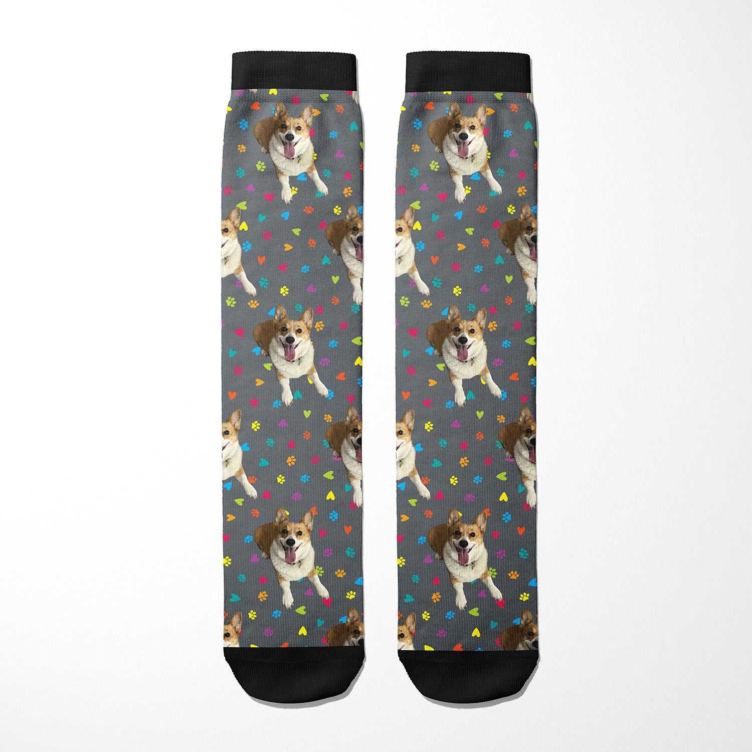 custom boot socks with personalized dog photo and colorful heart and paw prints pattern