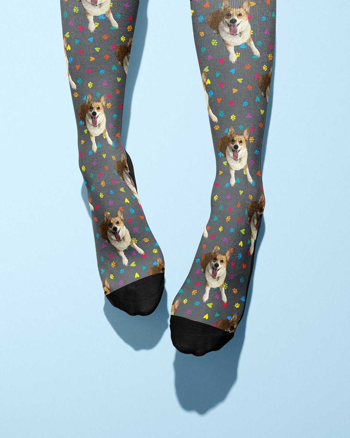 Custom boot socks with dog pattern and colorful hearts on grey background