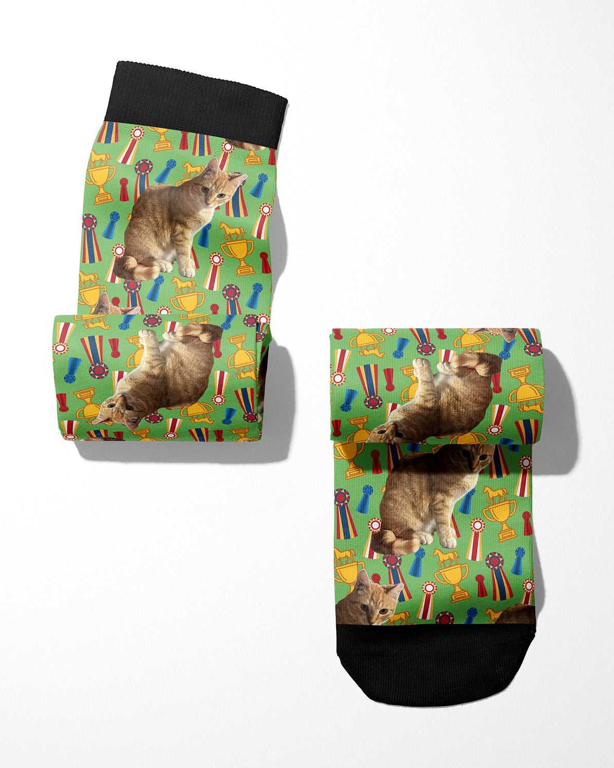 Custom boot socks with cat and trophy pattern, personalized photo design, black cuff and toe.