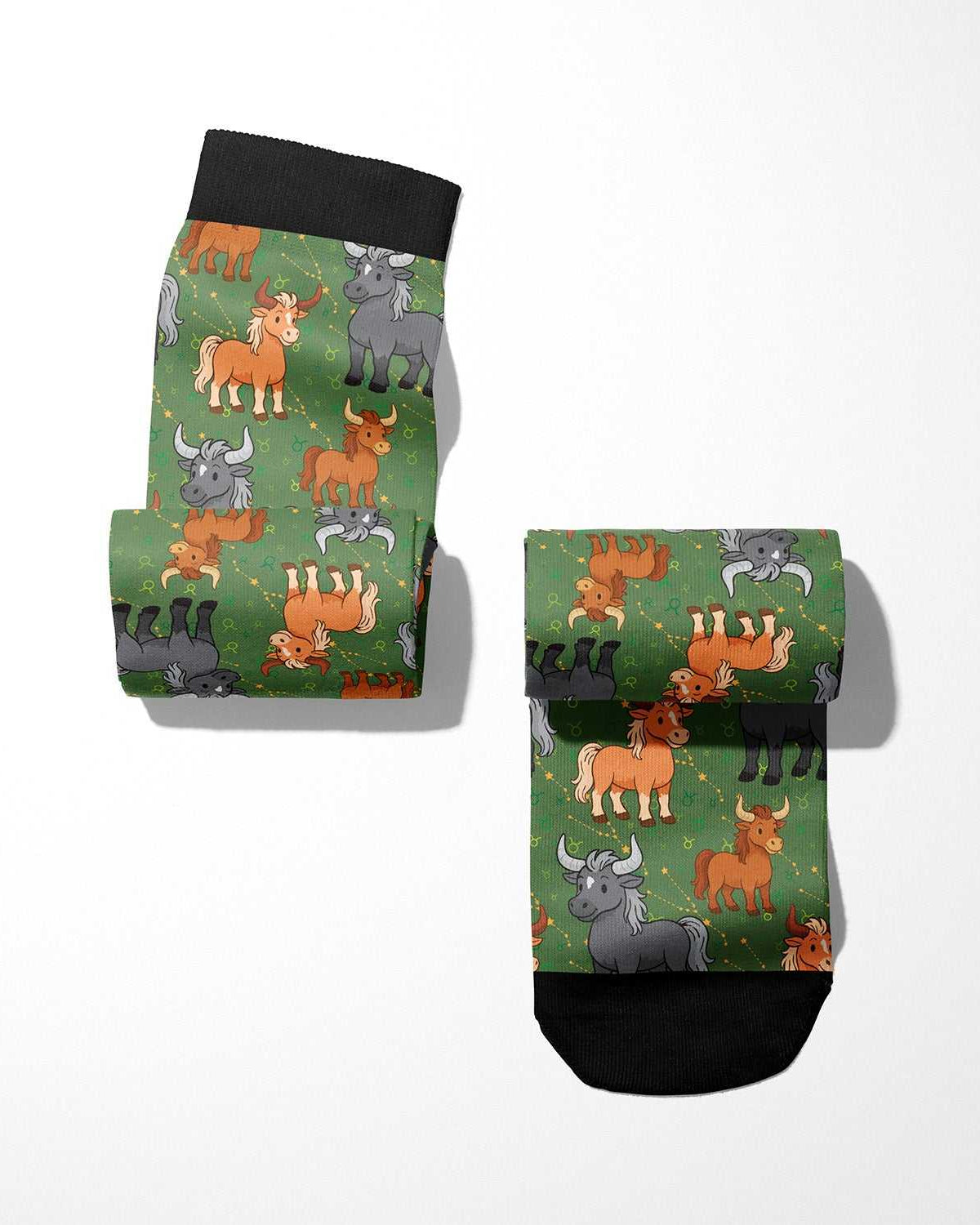 Limited edition Taurus zodiac boot socks with colorful bull pattern on green background, made in USA, 50% cotton blend