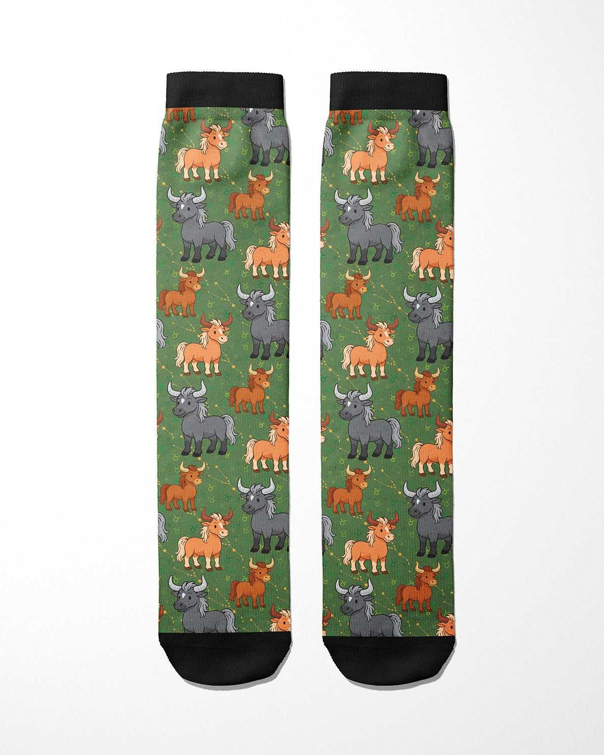 Limited edition Taurus zodiac boot socks with colorful bull patterns on green background, made in USA, one size fits most