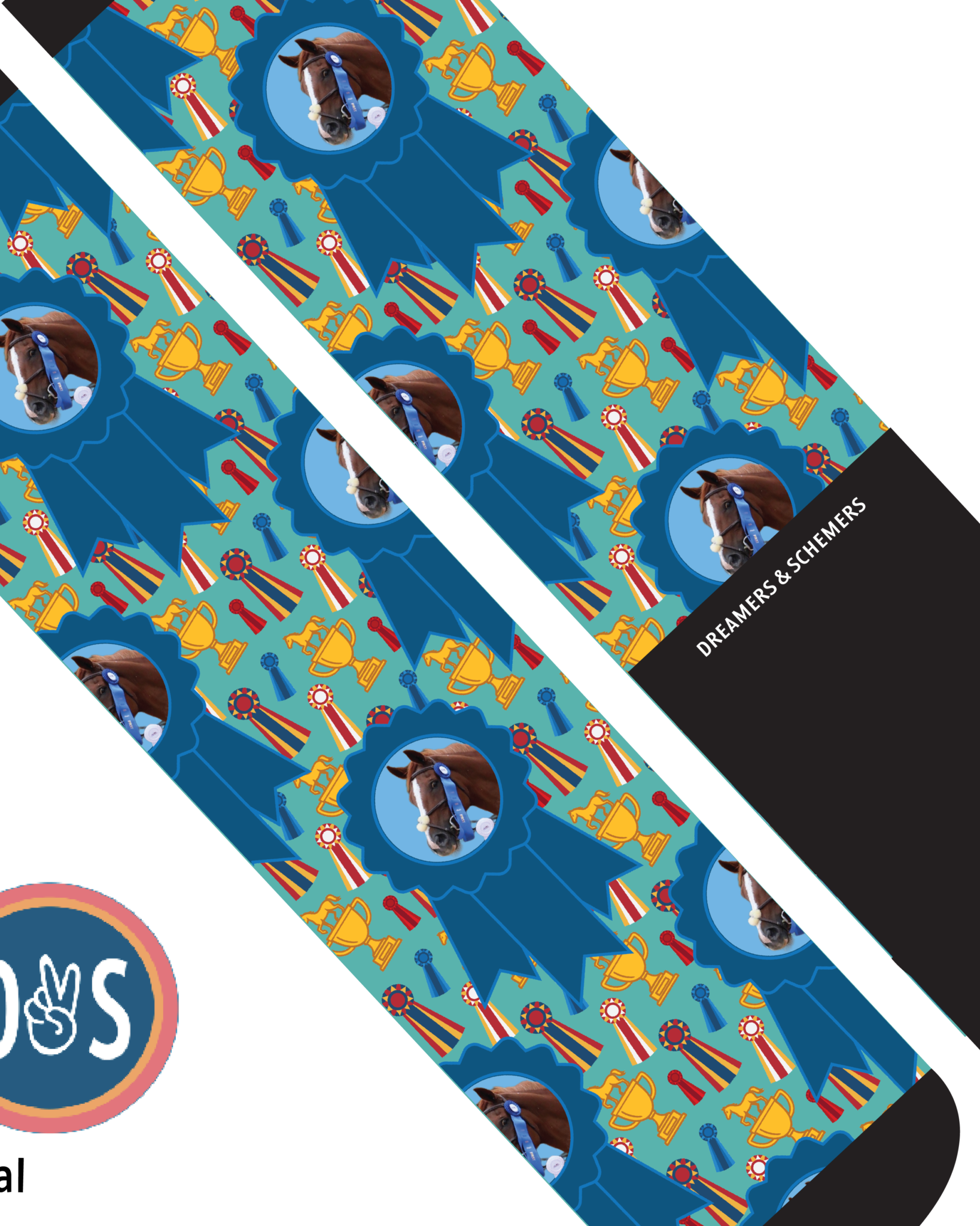 Custom blue ribbon boot socks featuring personalized photo design