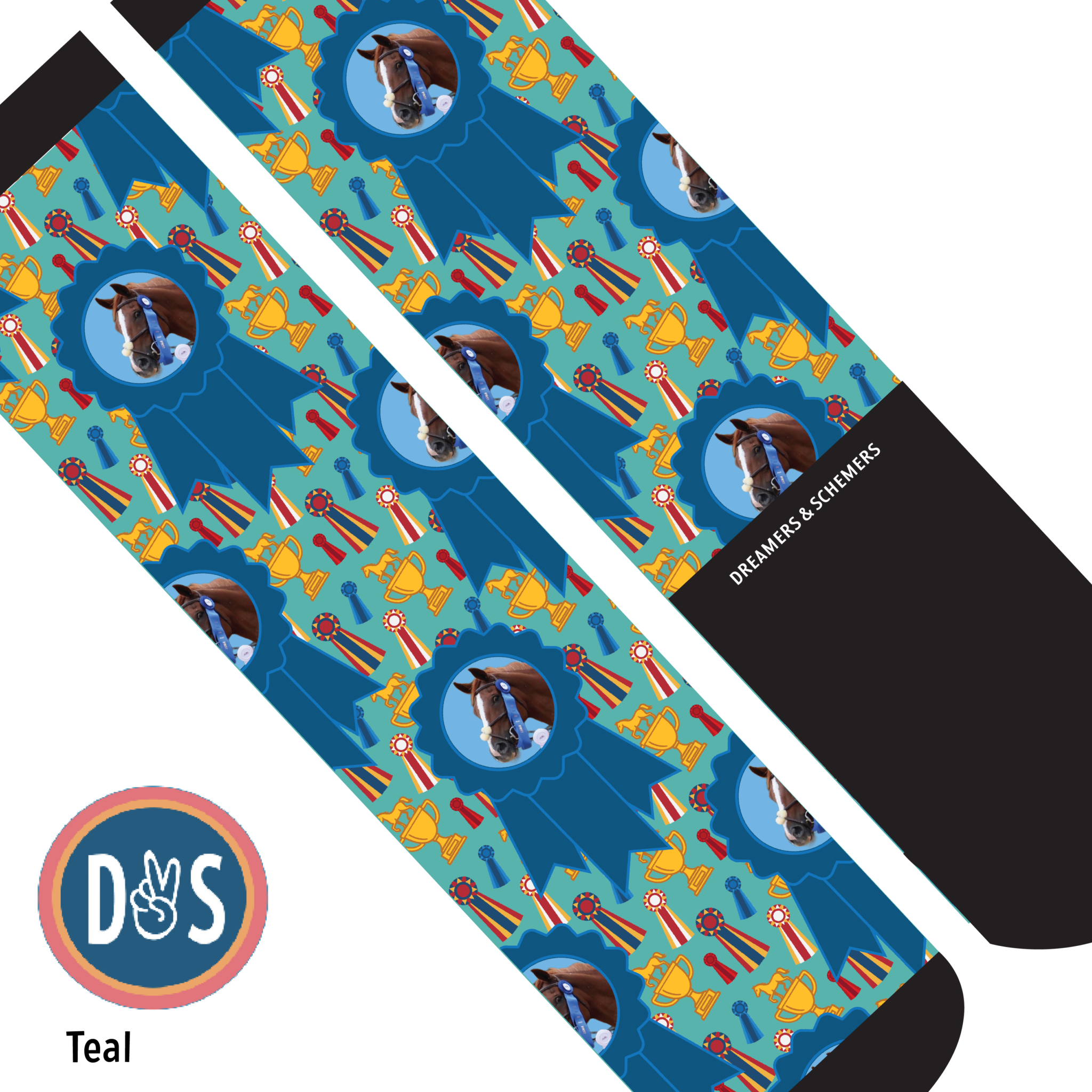 Custom blue ribbon boot socks featuring personalized photo design
