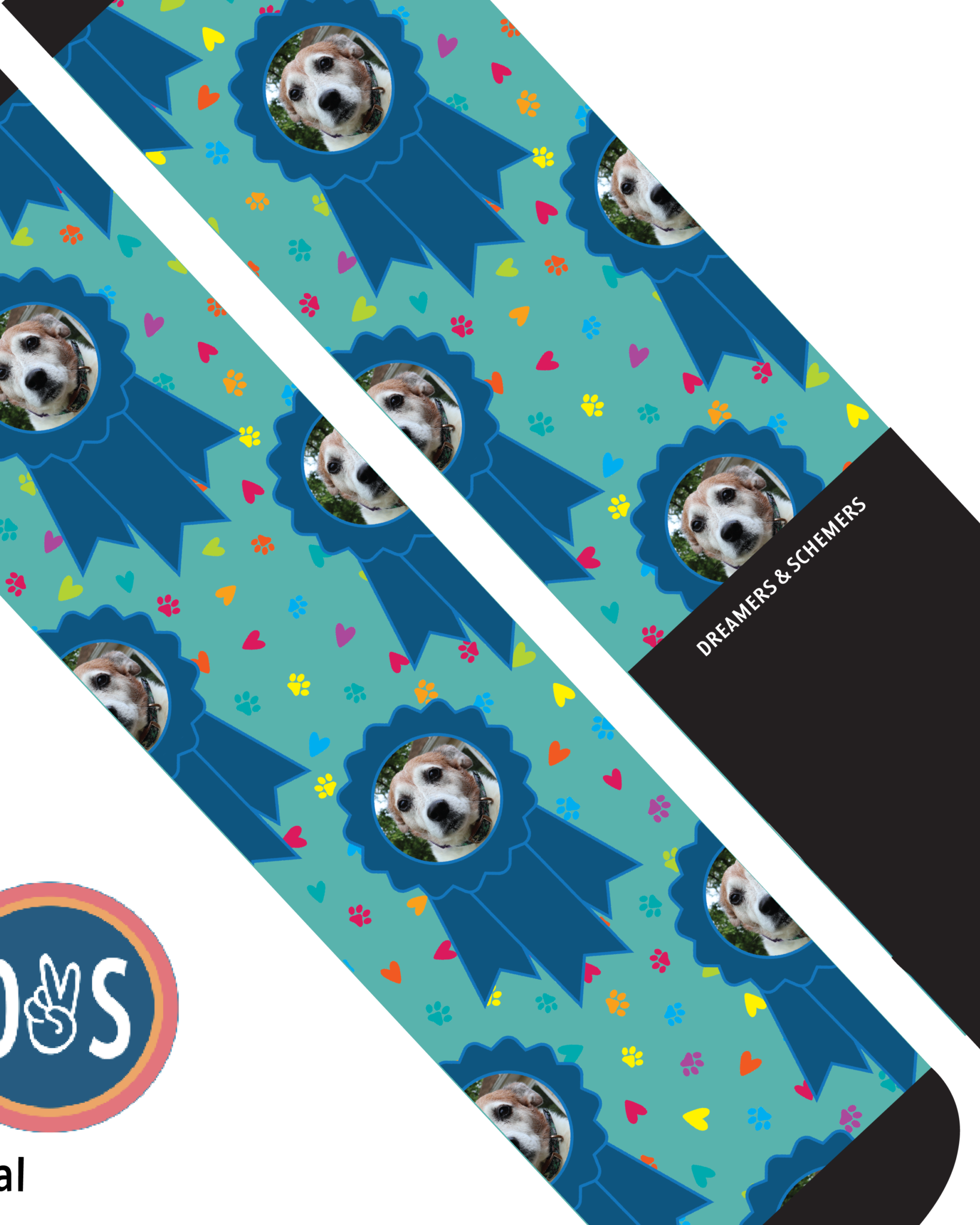 Custom blue ribbon and paw print boot socks with personalized photo design