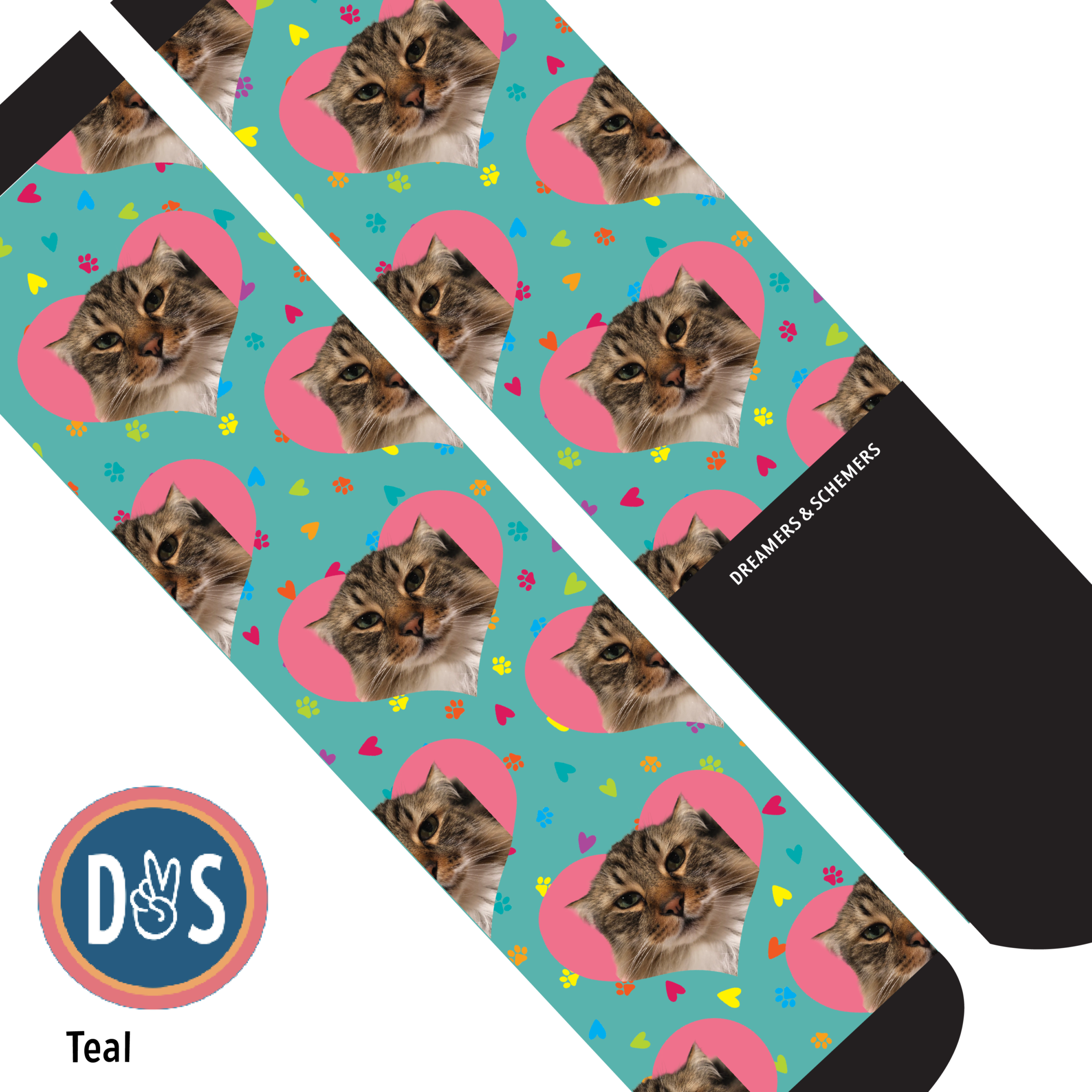 Custom boot socks with hearts and paw prints, personalized with your favorite photo
