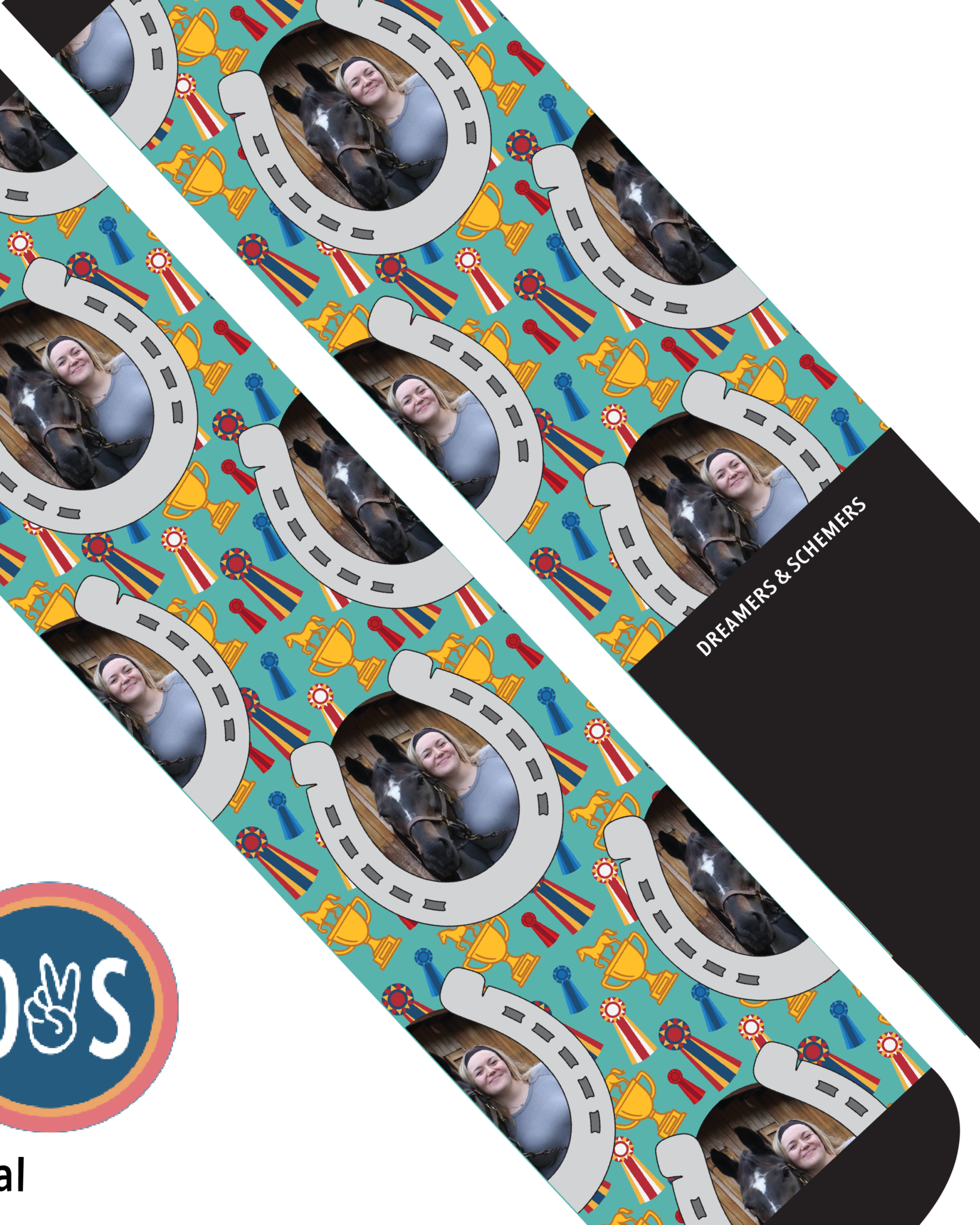 Custom boot socks featuring personalized horseshoes and winner winner design, made in the USA