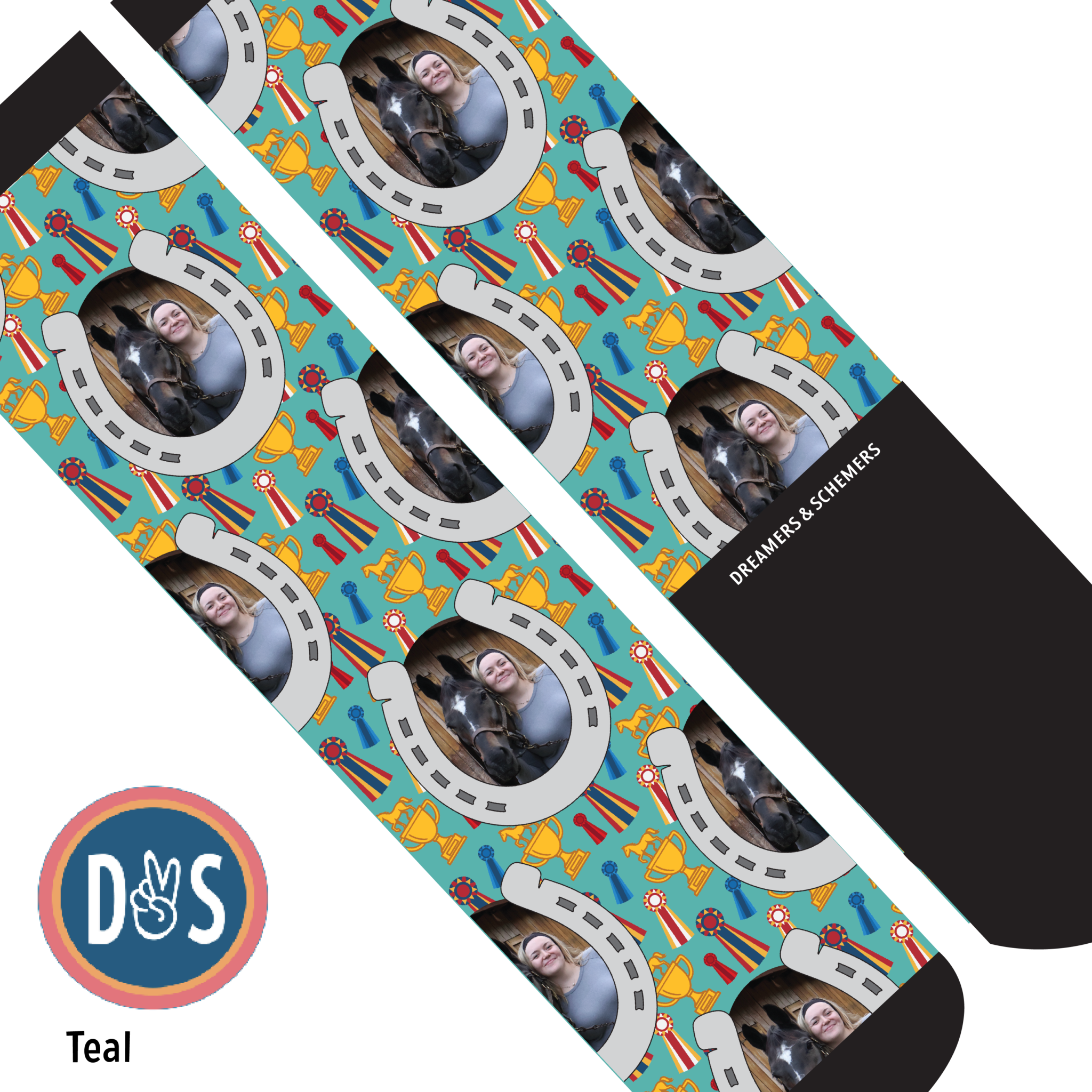 Custom boot socks featuring personalized horseshoes and winner winner design, made in the USA