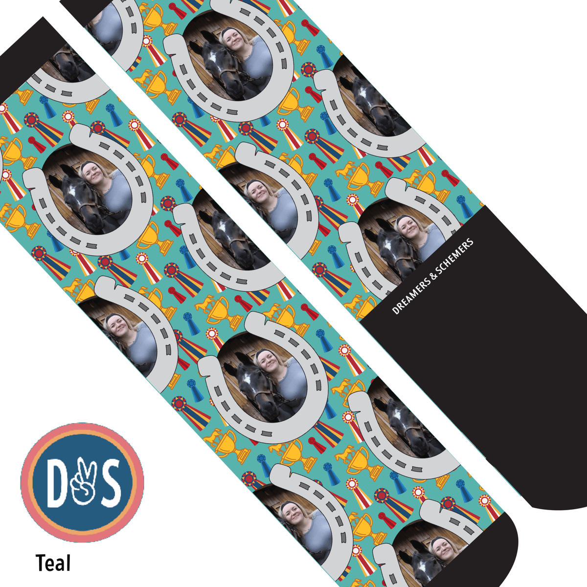 Custom boot socks featuring personalized horseshoes and winner winner design, made in the USA