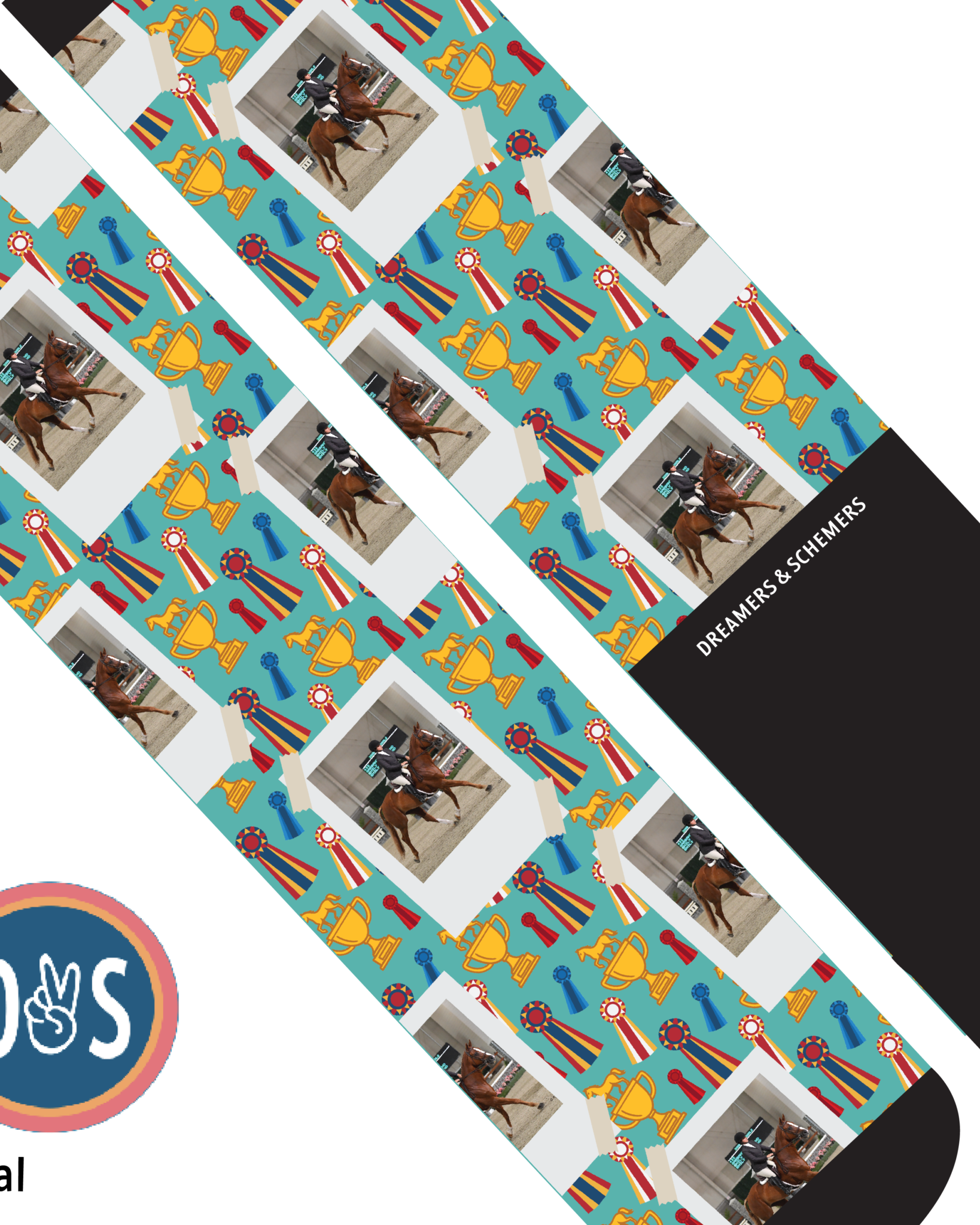Custom teal boot socks with horse photo and winner trophy pattern by Dreamers & Schemers