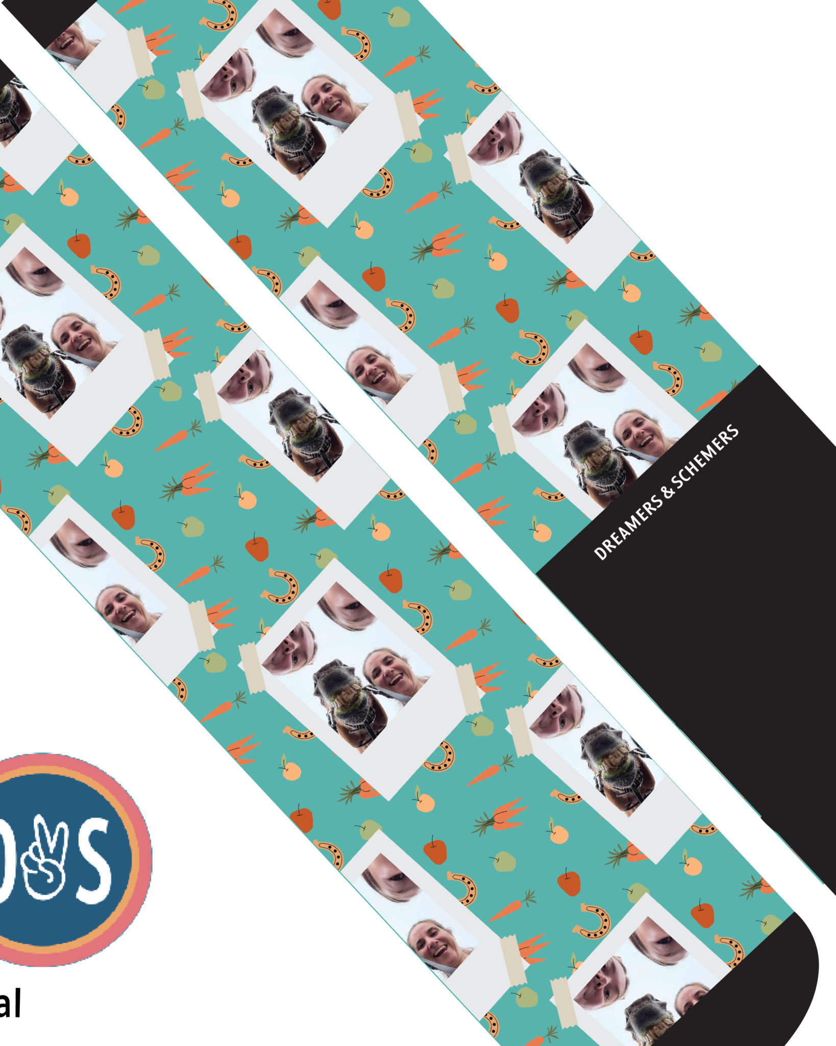 Custom boot socks with teal background and personalized photo collage design featuring animals and people