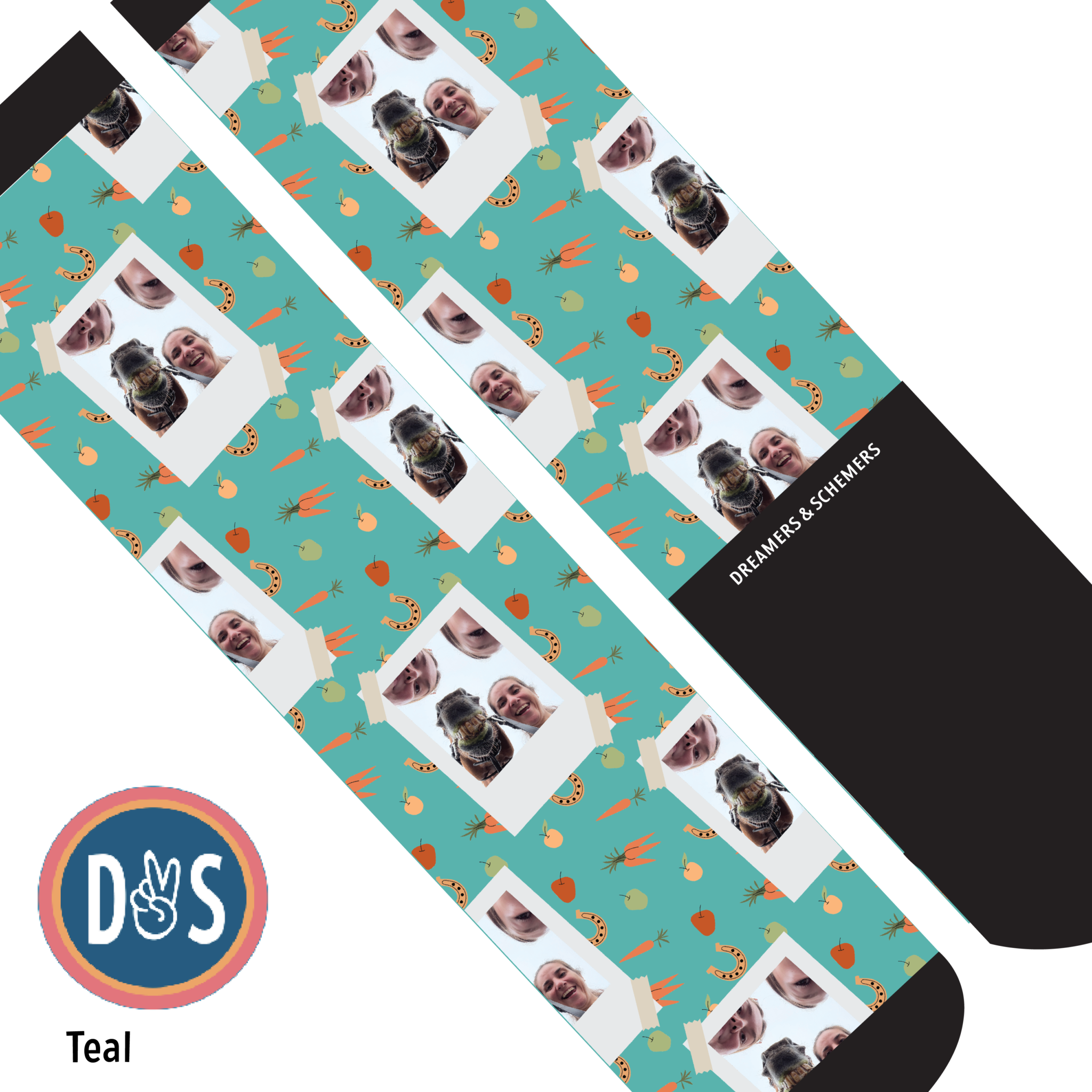 Custom boot socks with teal background and personalized photo collage design featuring animals and people