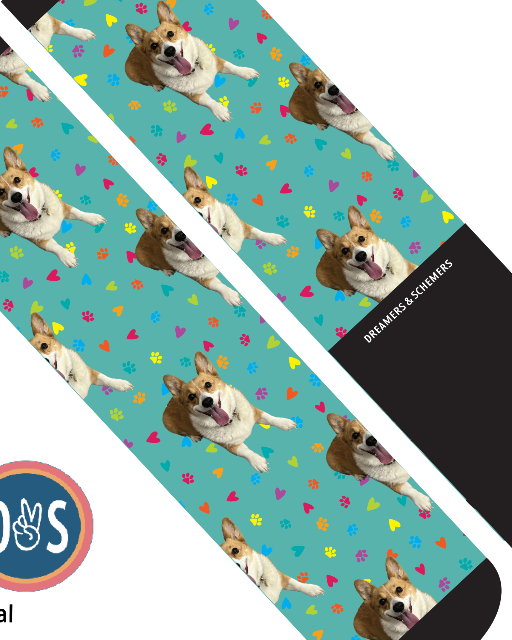 Custom teal boot socks featuring repeated cute dog images and colorful paw prints and hearts pattern