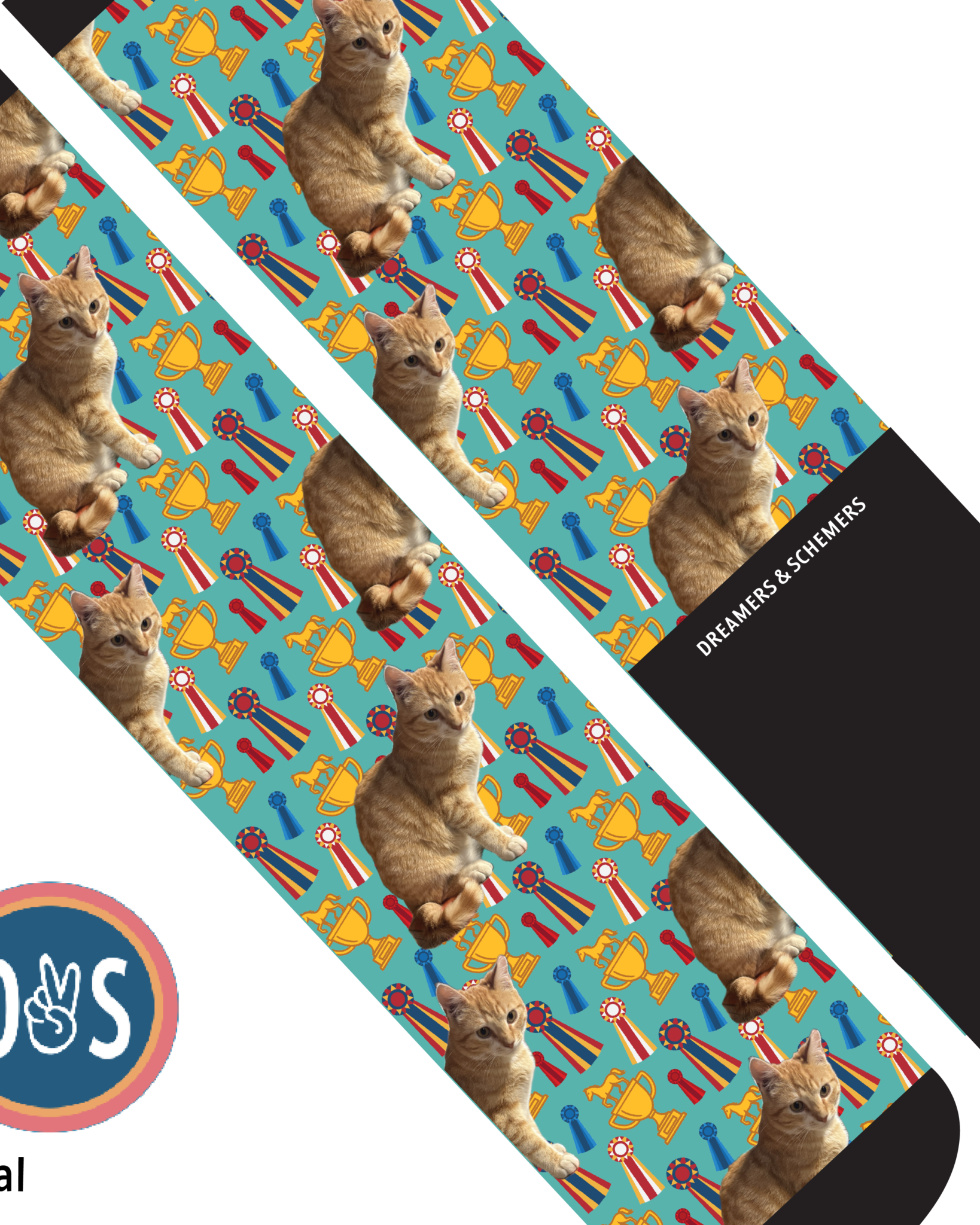 Custom teal boot socks featuring repeated cat images with trophy and ribbon patterns