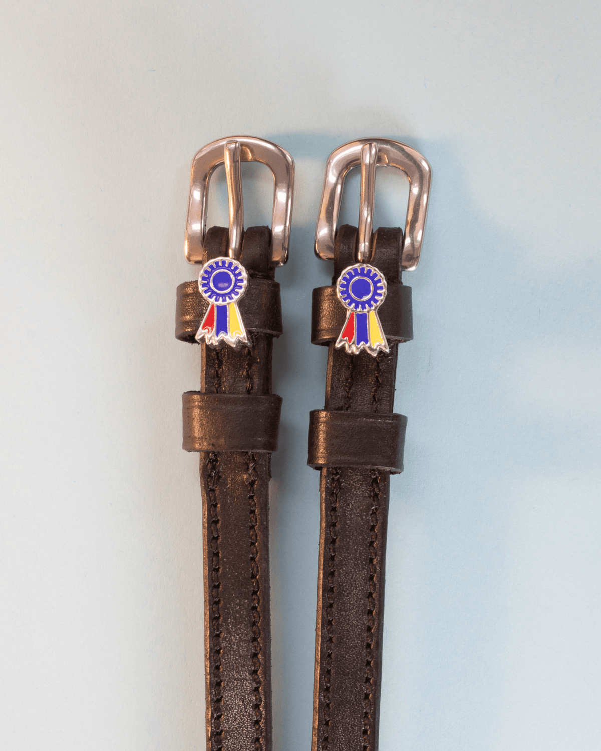 Dark brown leather rosette ribbon spur straps with rose gold buckles on pale blue
