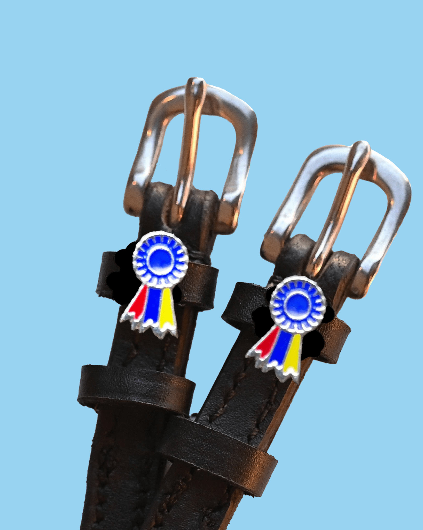 Close-up of dark brown leather spur straps with rosette charms and rose gold buckles