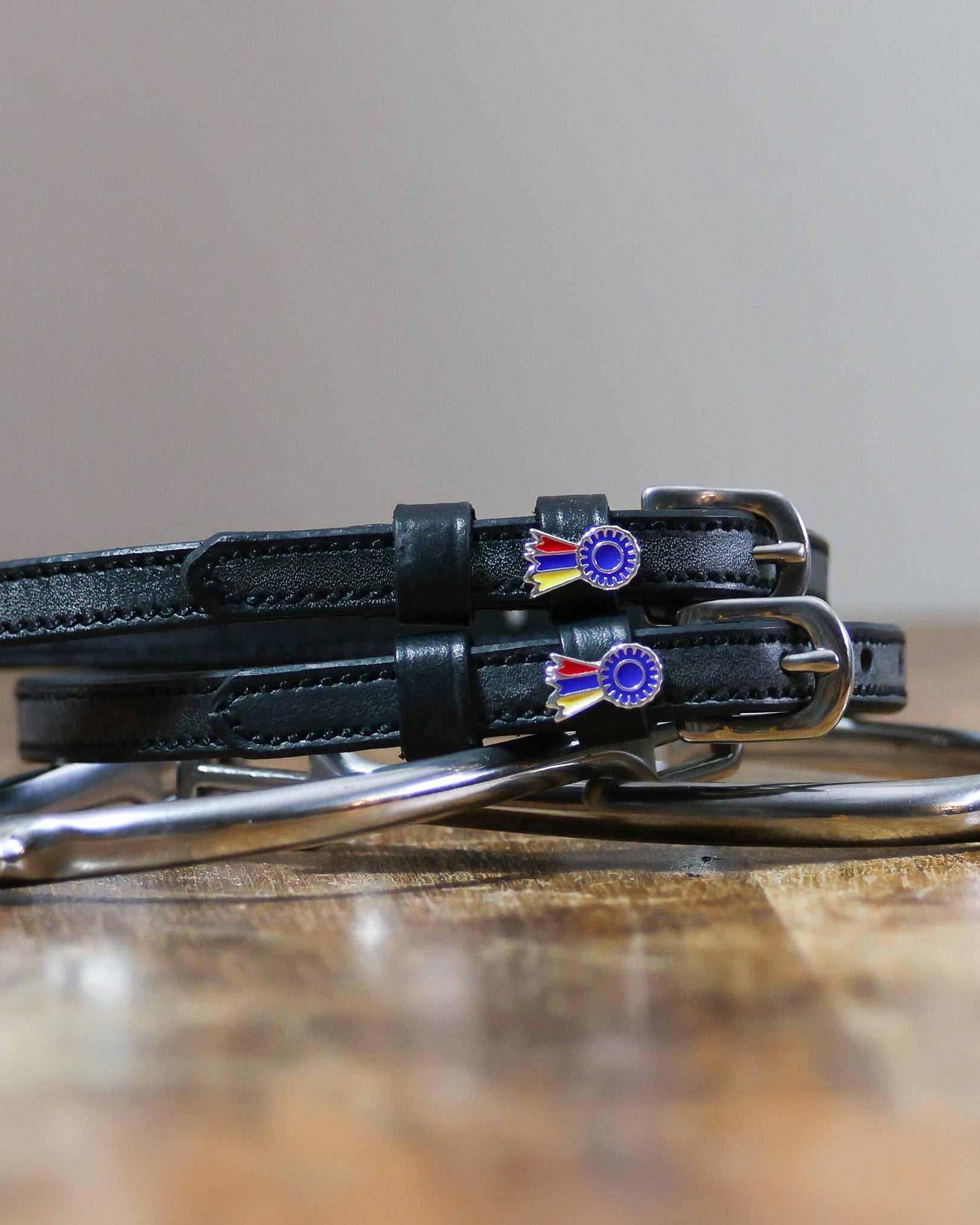Black leather tri-color ribbon spur straps coiled on wood with a silver bit