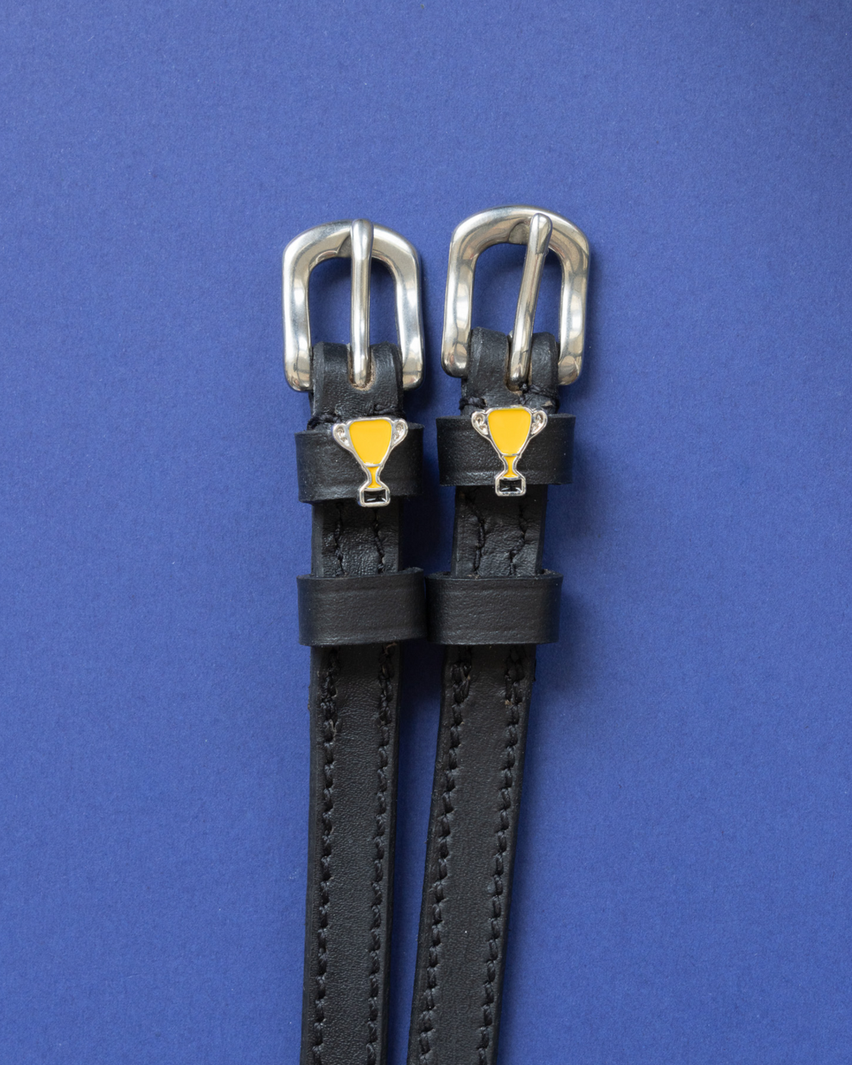Trophy ManeJane spur straps with the signature Trophy charm, shown on a teal background