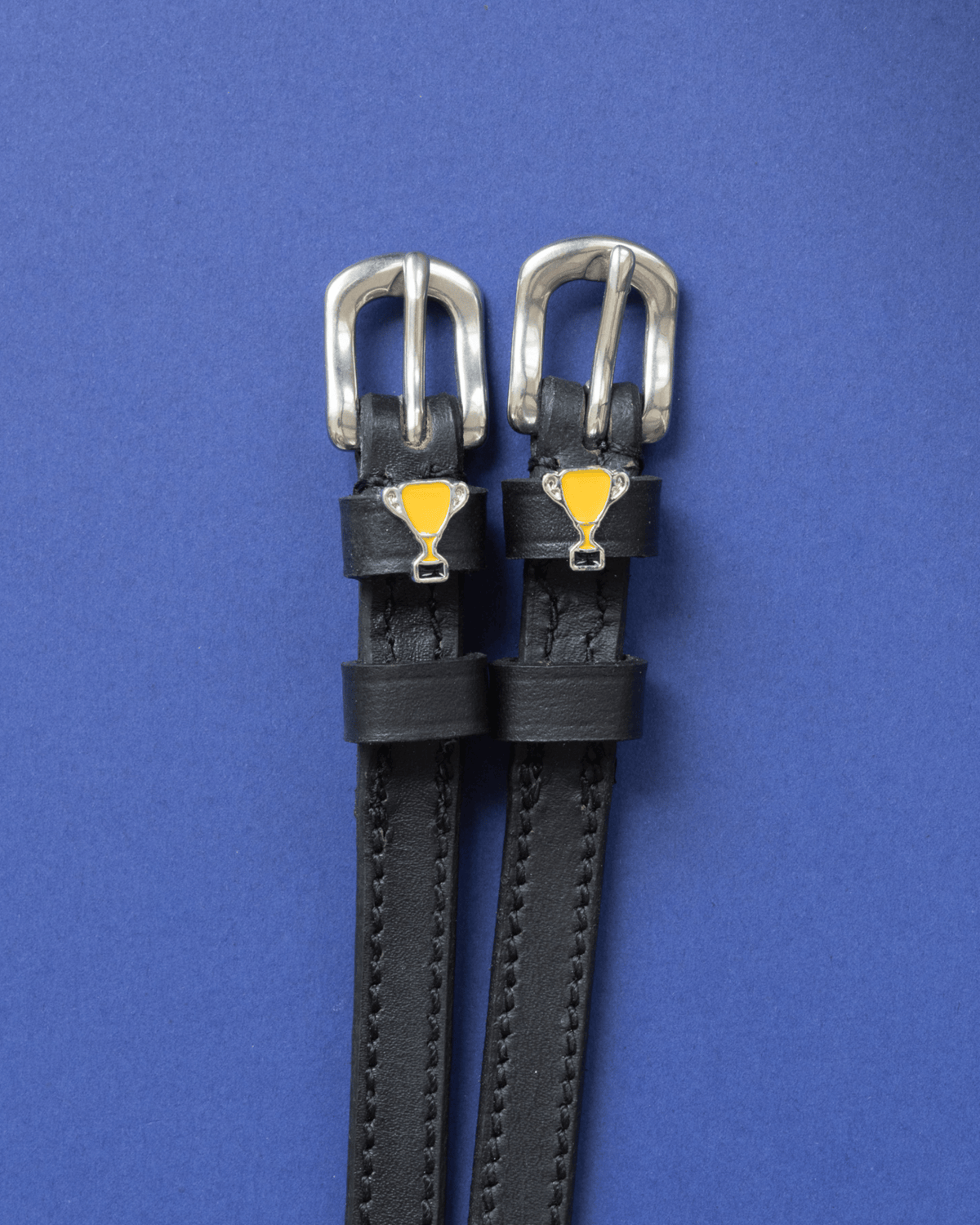 Trophy ManeJane spur straps with the signature Trophy charm, shown on a teal background