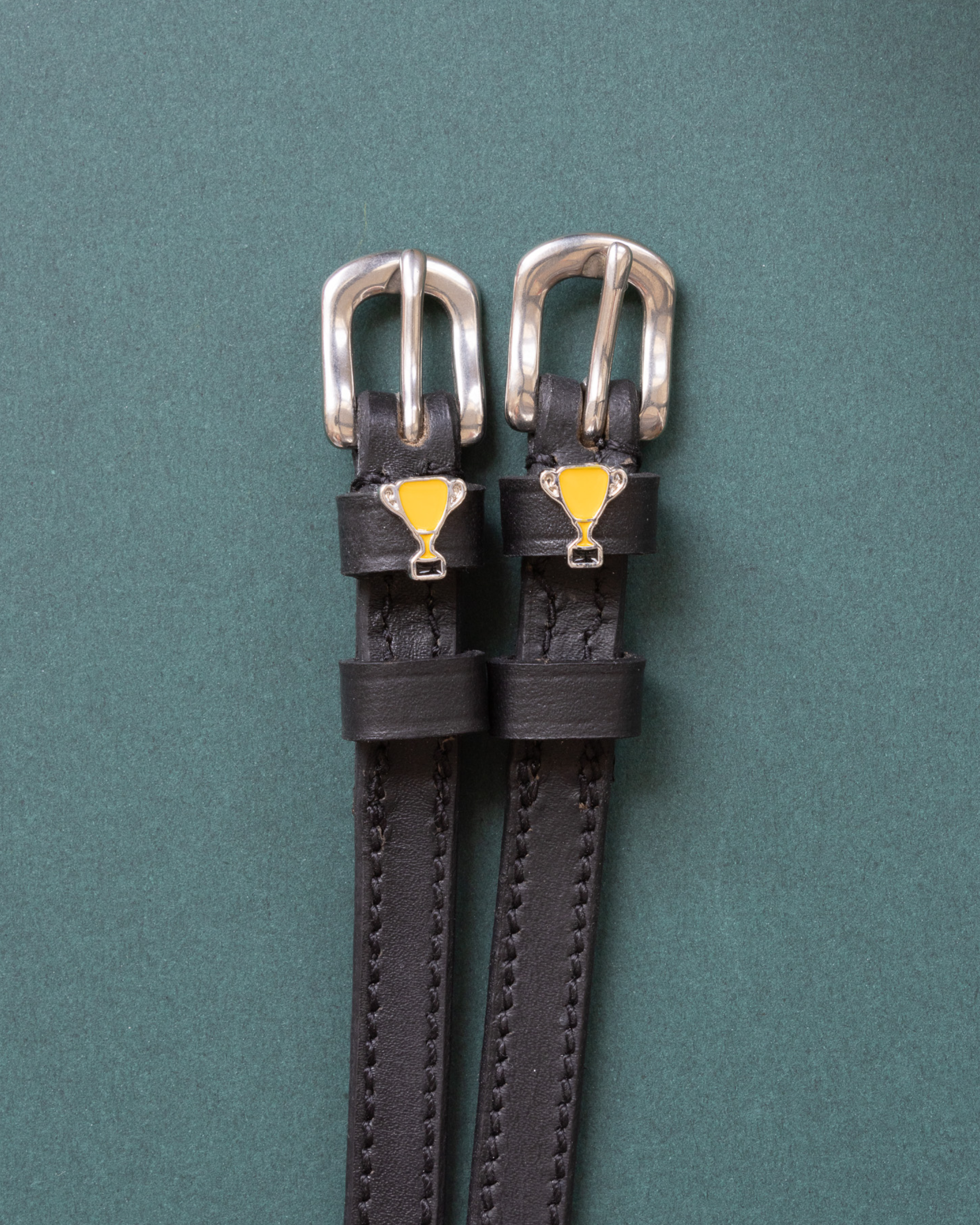 Trophy ManeJane spur straps with the signature Trophy charm, shown on a green background, by Dreamers & Schemers