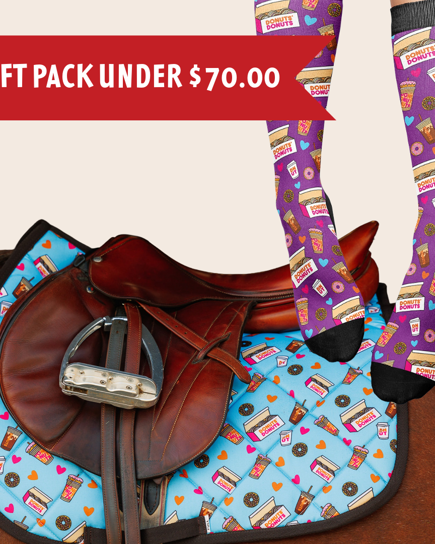 Donut Saddle Pad with matching donut-themed socks gift pack under $70 on horse back