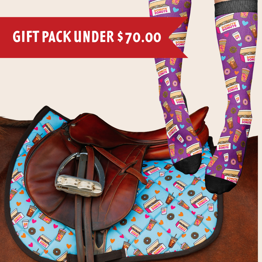 Donut Saddle Pad with matching donut-themed socks gift pack under $70 on horse back