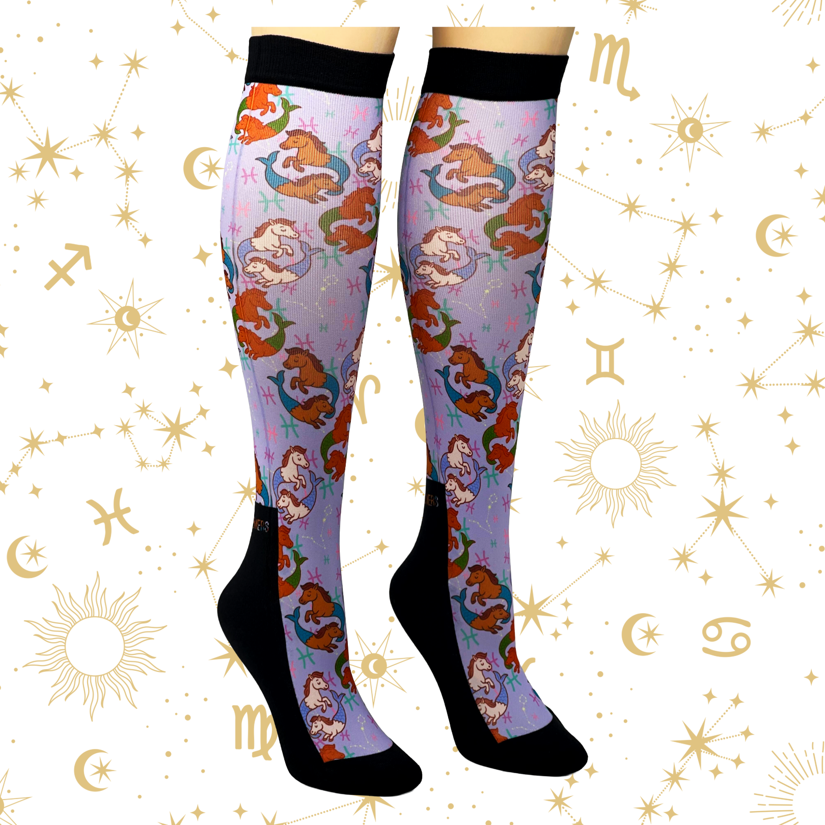 Limited edition Pisces zodiac boot socks with colorful mermaid design, made in USA, one size fits most