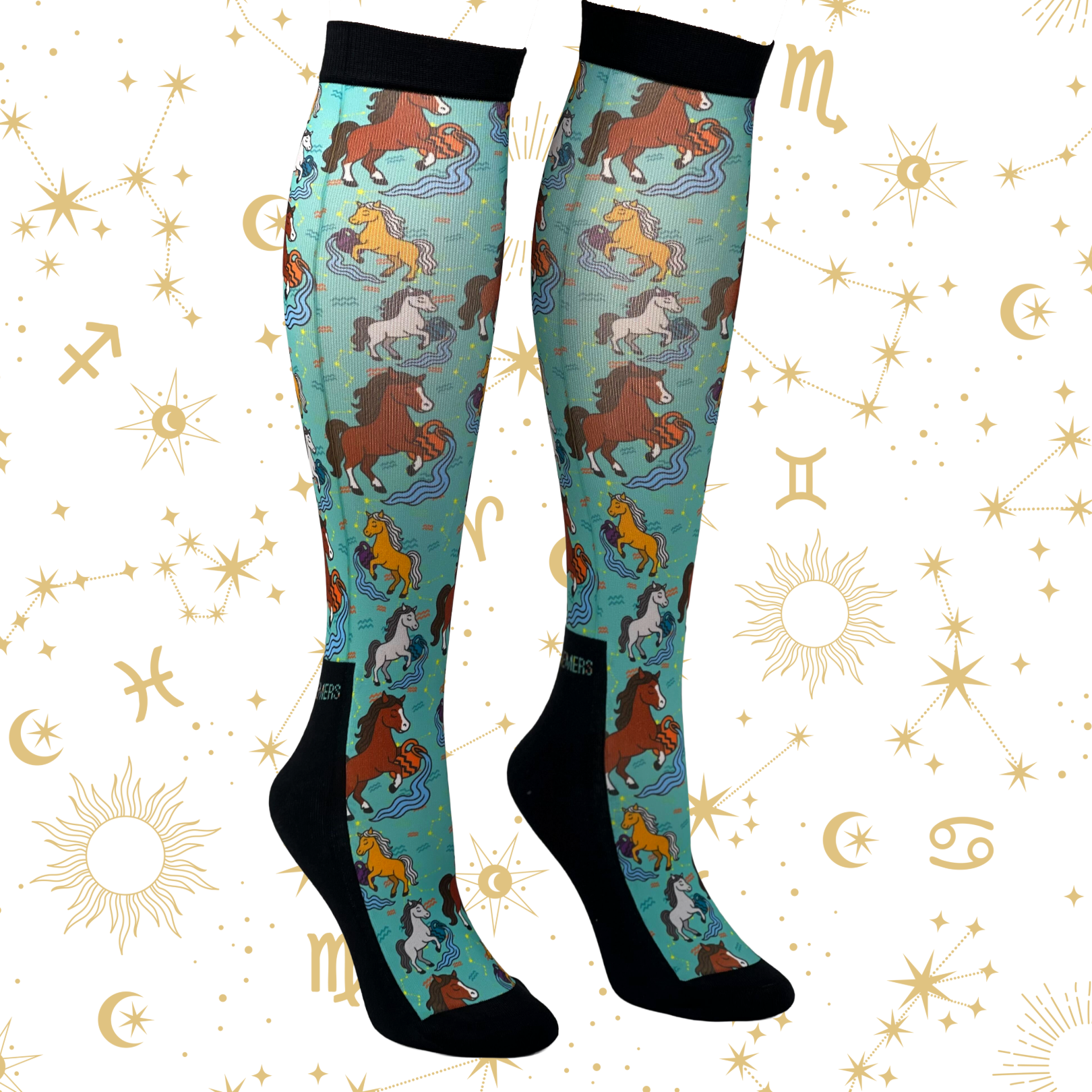 Aquarius zodiac themed limited edition boot socks with colorful horse designs made in USA