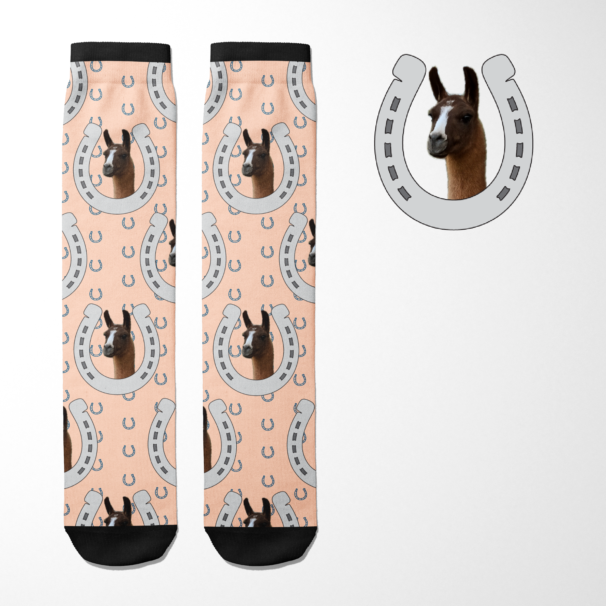 Custom horseshoe design with llama photo on blue Dreamers & Schemers boot socks