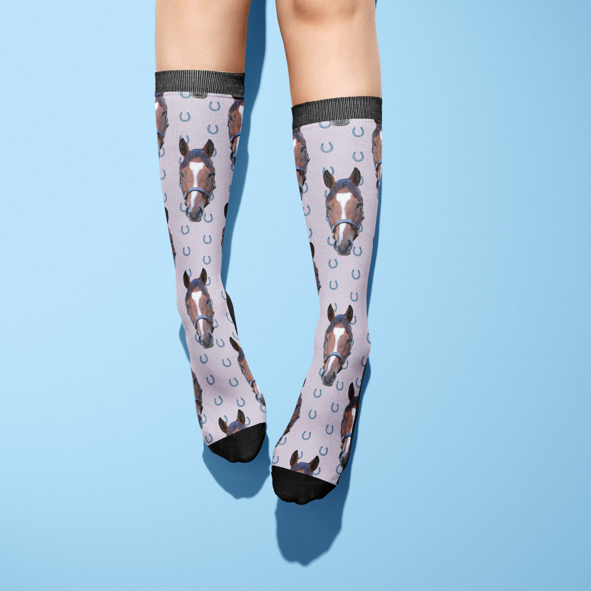 Custom Solo socks with blue horseshoes and horse photo pattern on adult legs