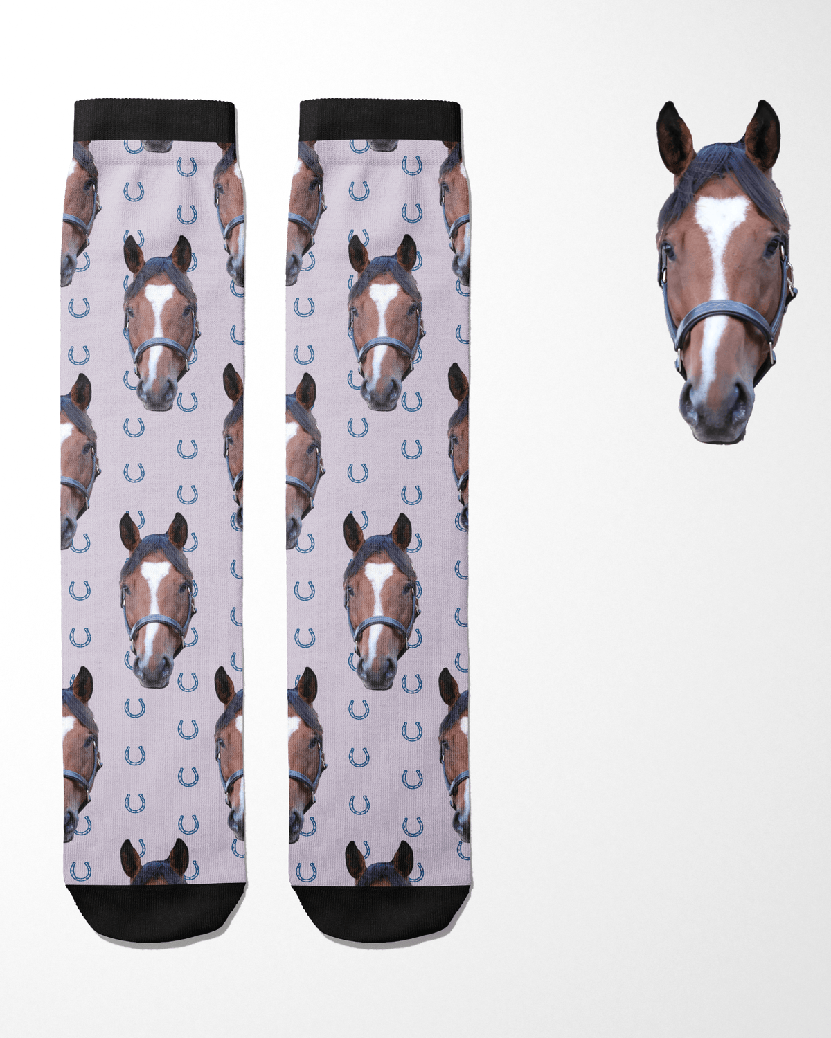 Custom Solo socks featuring blue horseshoes and personalized horse photo design