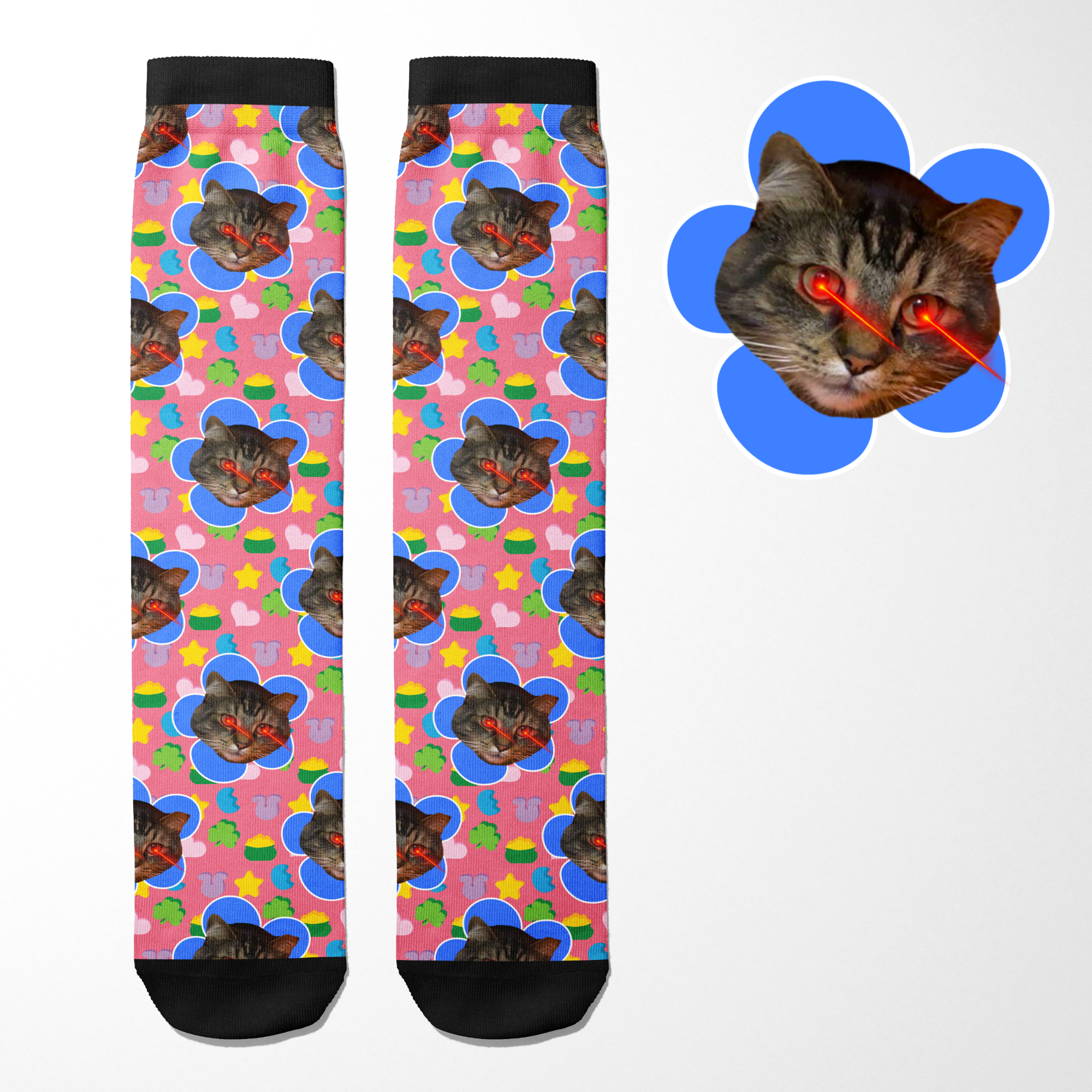 custom flower socks with personalized cat photo and colorful star pattern on pink background