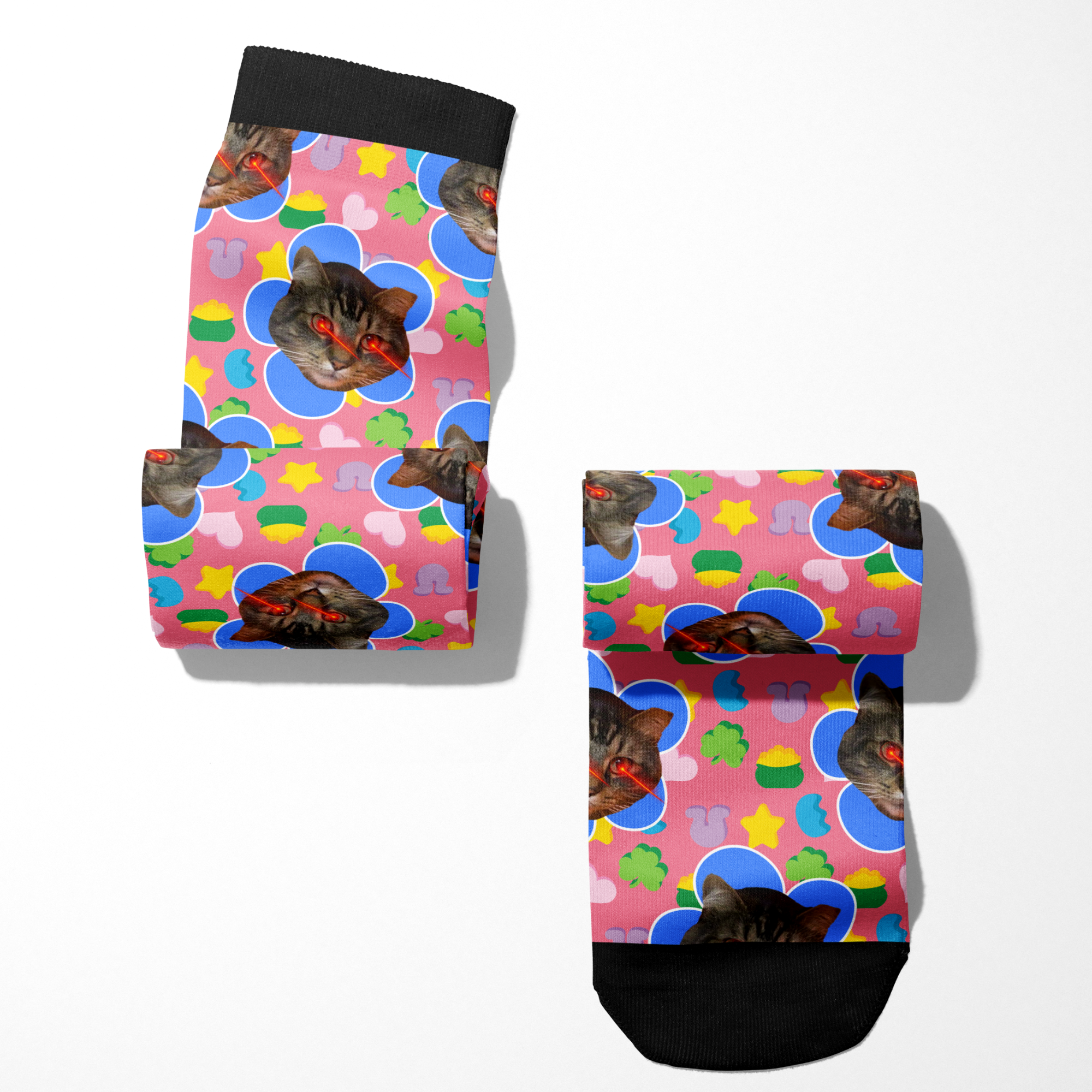 Custom flower socks with personalized cat photo and colorful pattern on pink background