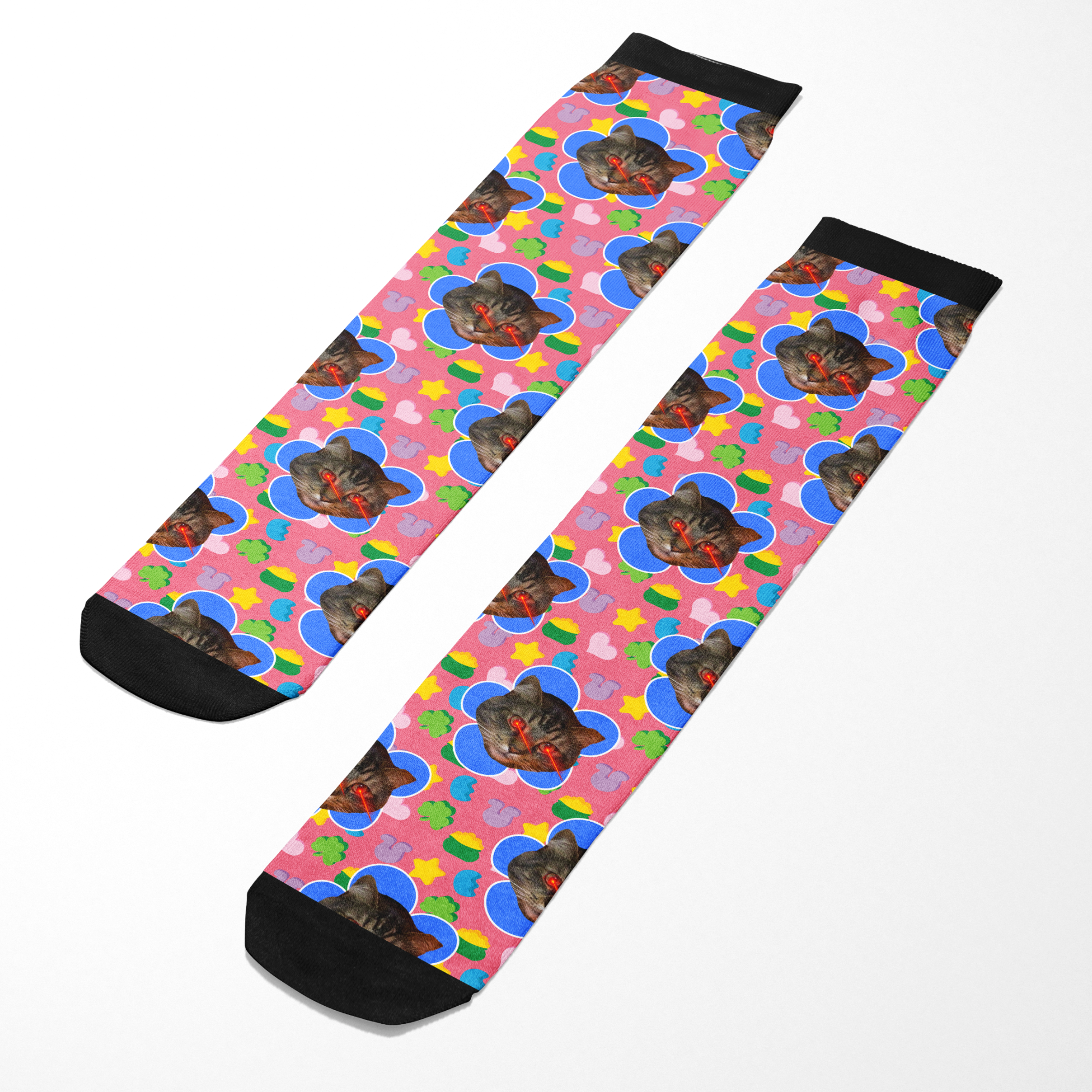 Custom flower socks with personalized photo of a cat face on colorful background with hearts and stars