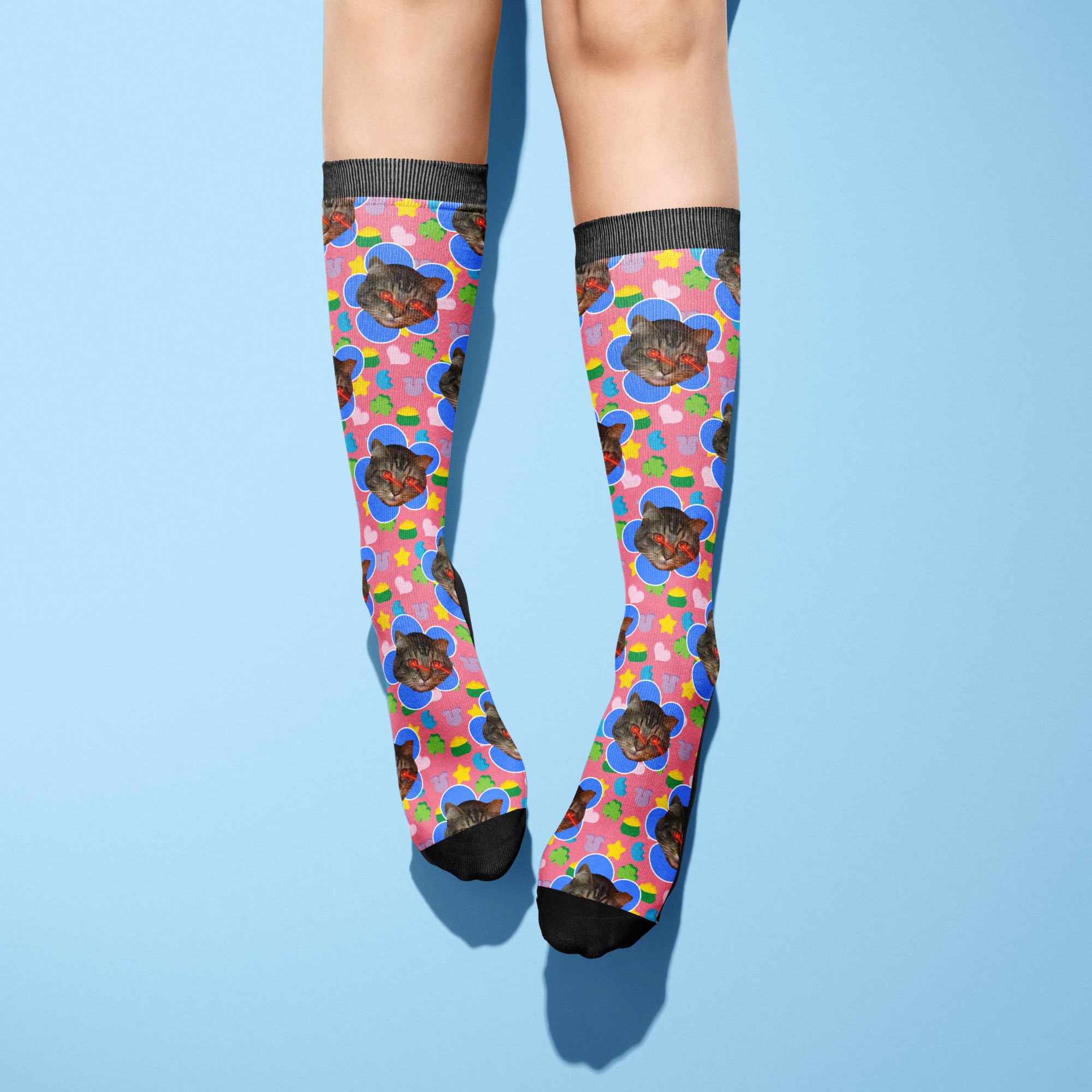 Pair of custom flower socks with colorful patterns and personalized pet photo design