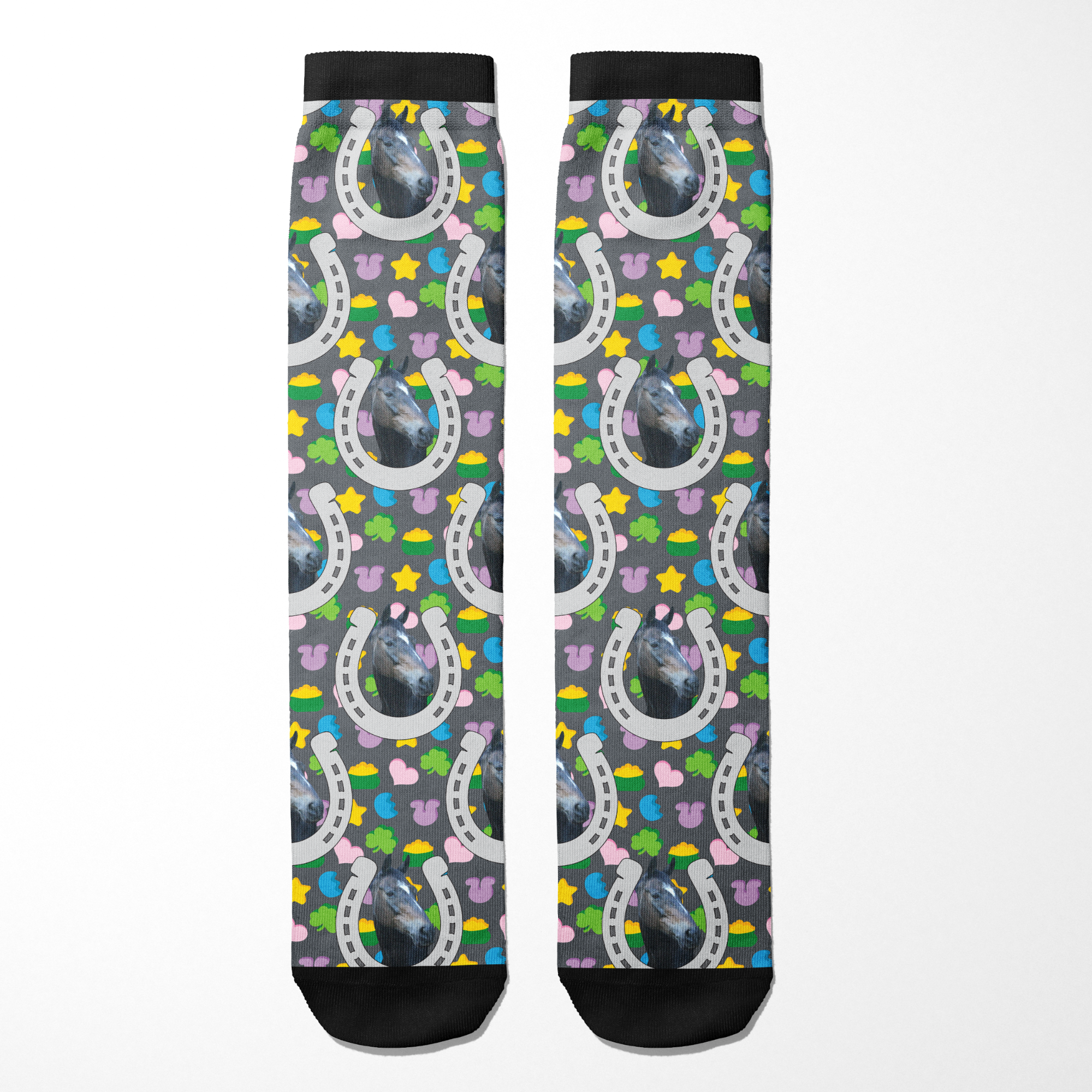 Custom horseshoe socks with personalized horse photo and colorful lucky treat pattern