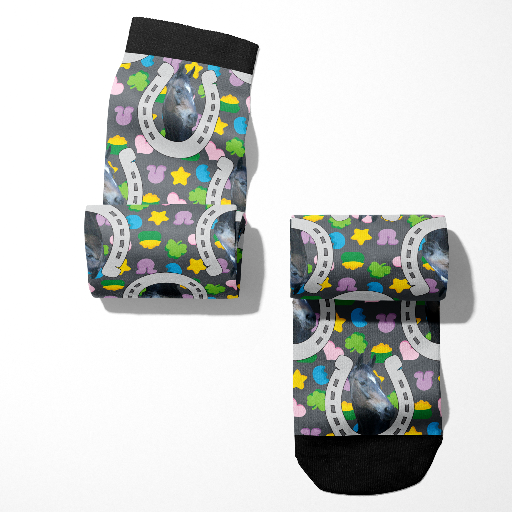 Custom horseshoe patterned socks with colorful lucky treats and personalized photo design