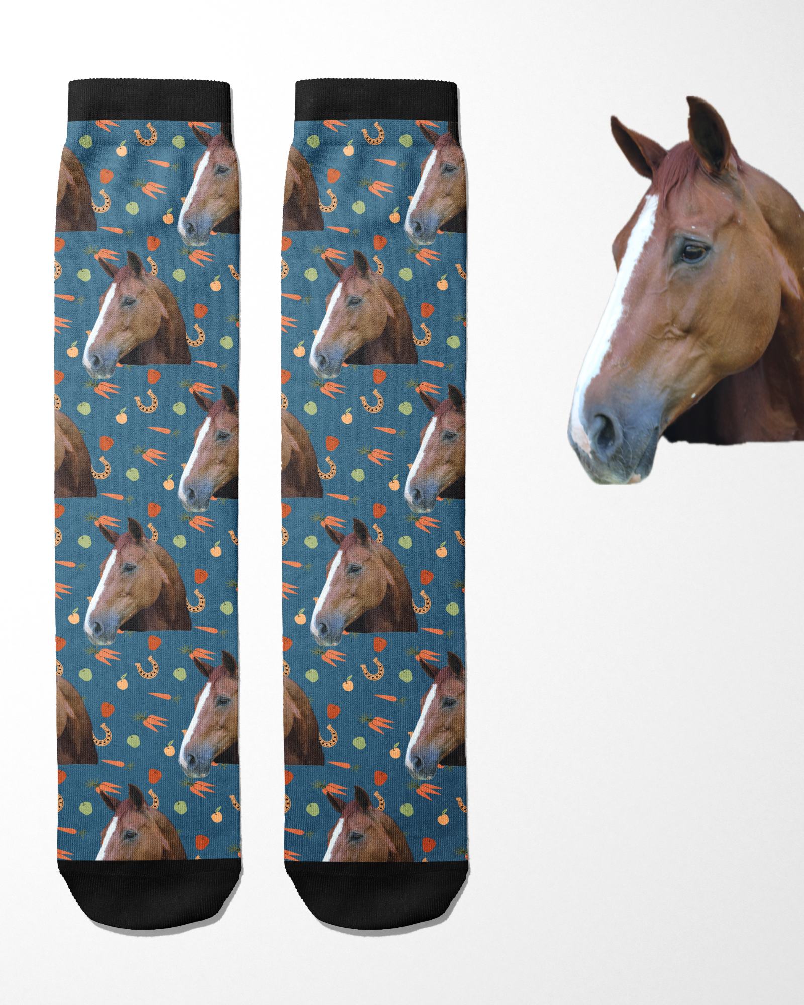 Custom Solo with Stable Snackies Socks featuring a horse head pattern on blue background with carrots and horseshoes.
