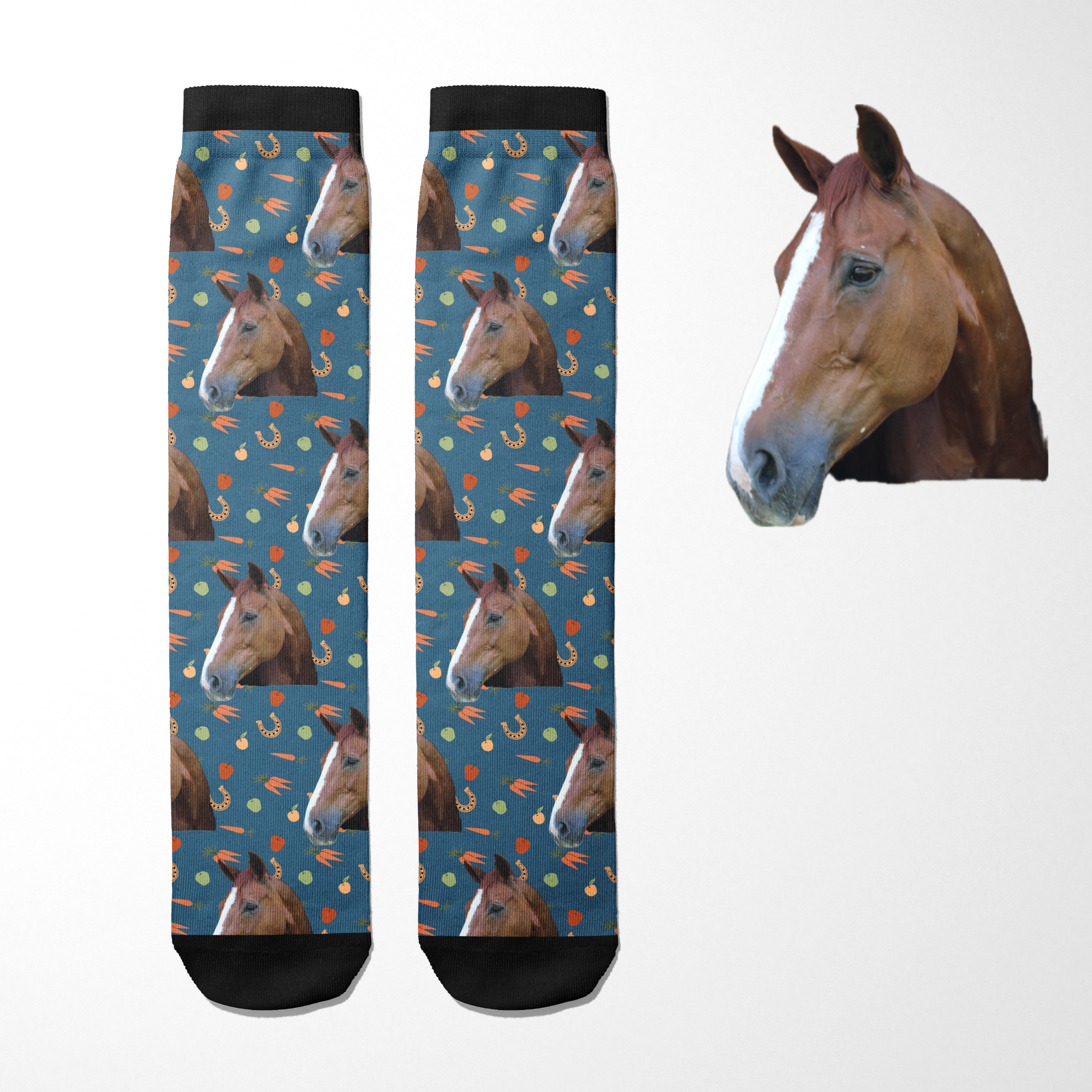 Custom Solo with Stable Snackies Socks featuring a horse head pattern on blue background with carrots and horseshoes.