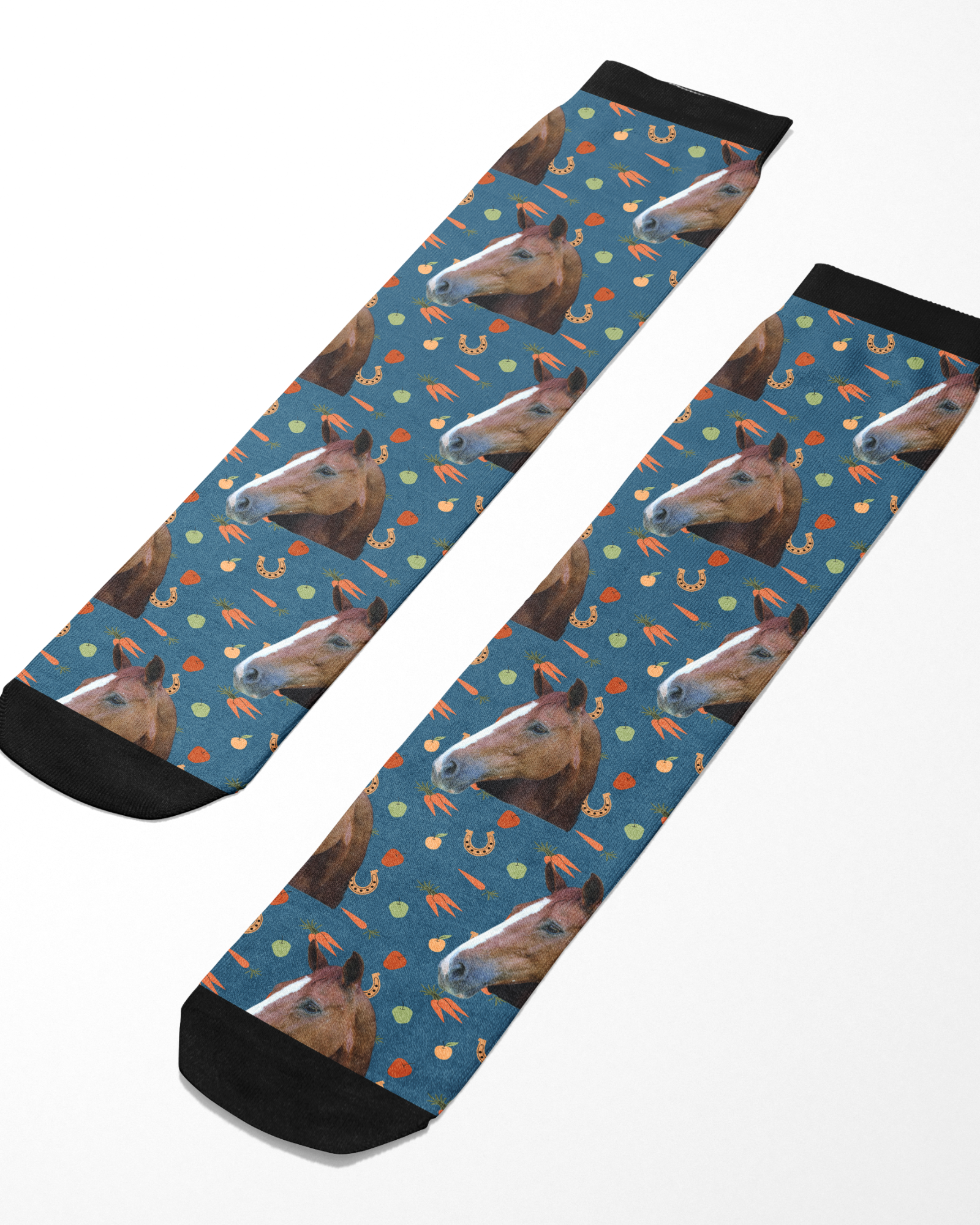 Custom Solo with Stable Snackies Socks featuring horse head pattern on blue background with snack icons