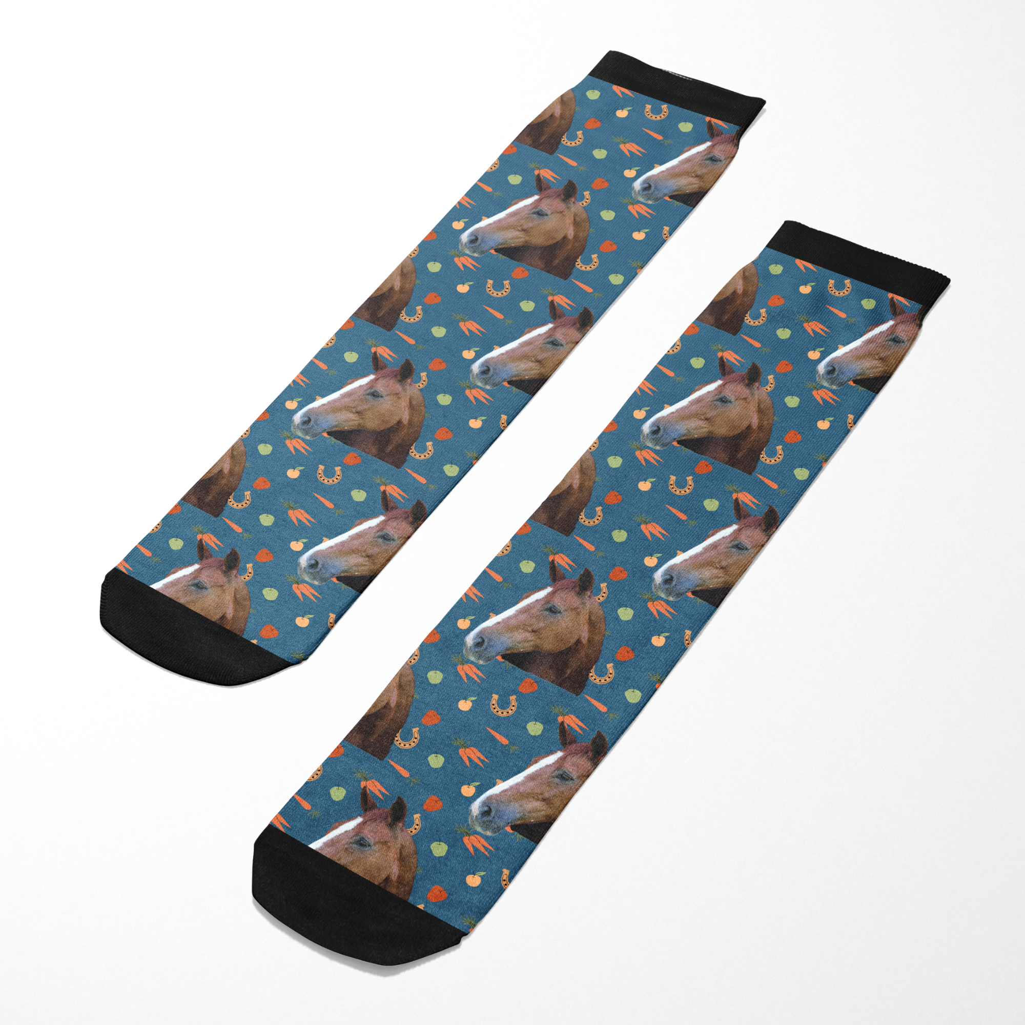 Custom Solo with Stable Snackies Socks featuring horse head pattern on blue background with snack icons