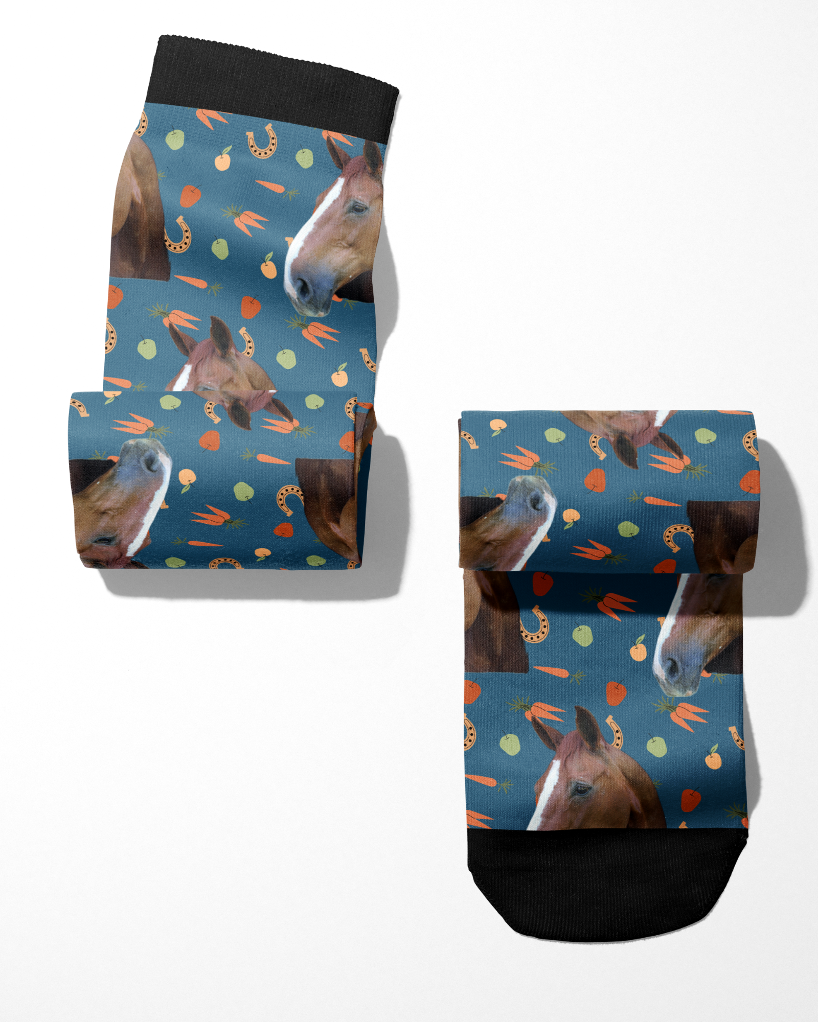 Custom Solo with Stable Snackies Socks featuring horse photo and colorful snack pattern on blue background