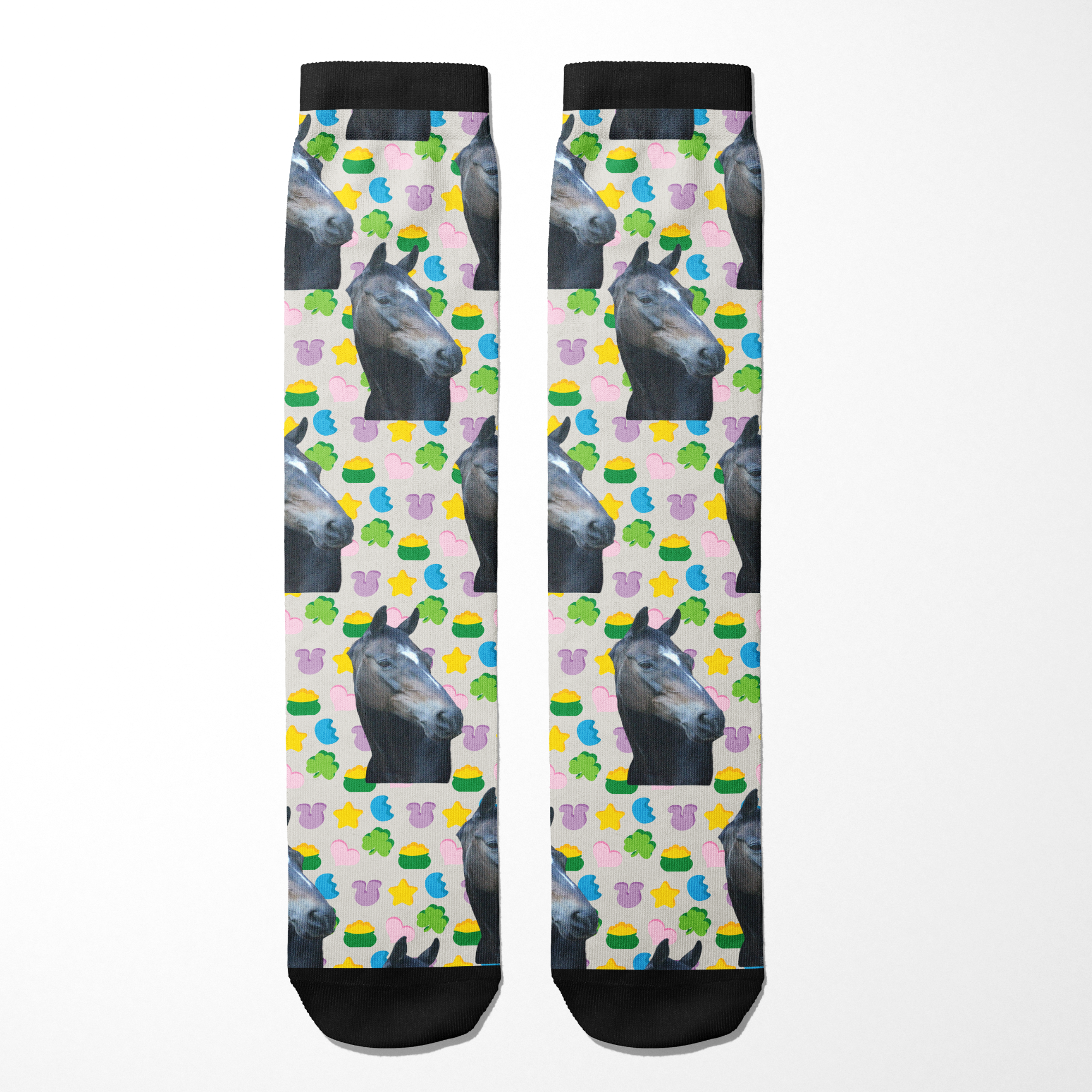 Custom solo socks with personalized horse and colorful lucky treat patterns on boot socks