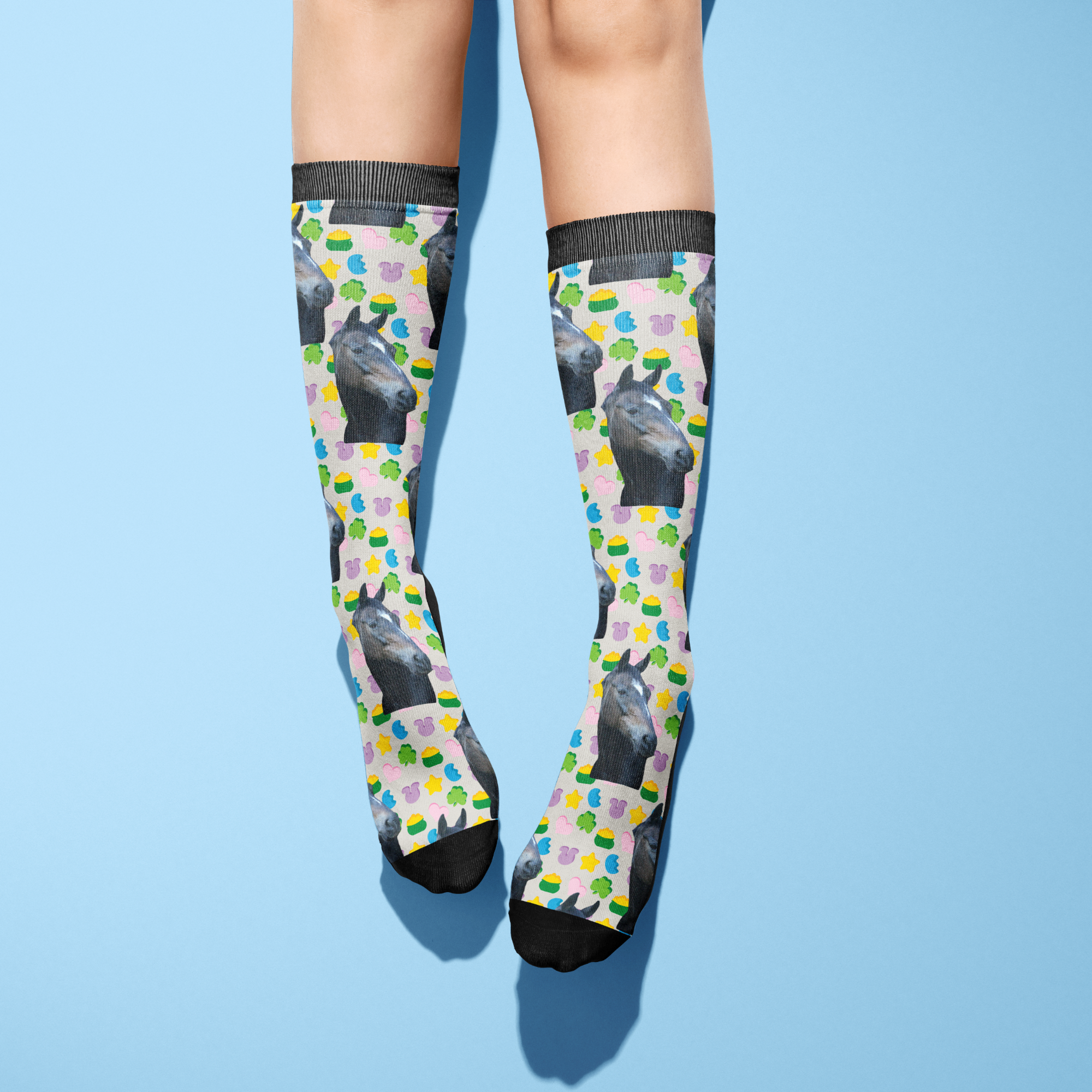 Custom solo socks with personalized horse photo and colorful pattern on Dreamers & Schemers Boot Socks design