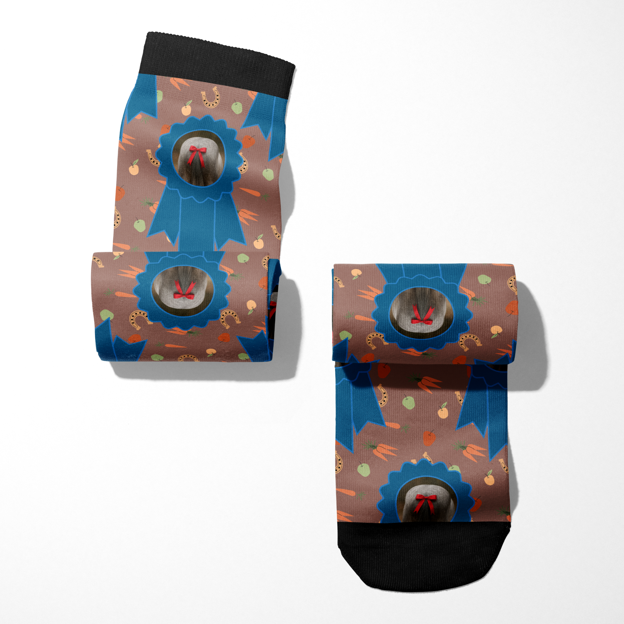 Custom Blue Ribbon design on Dreamers & Schemers boot socks with personalized photo and Stable Snackies pattern