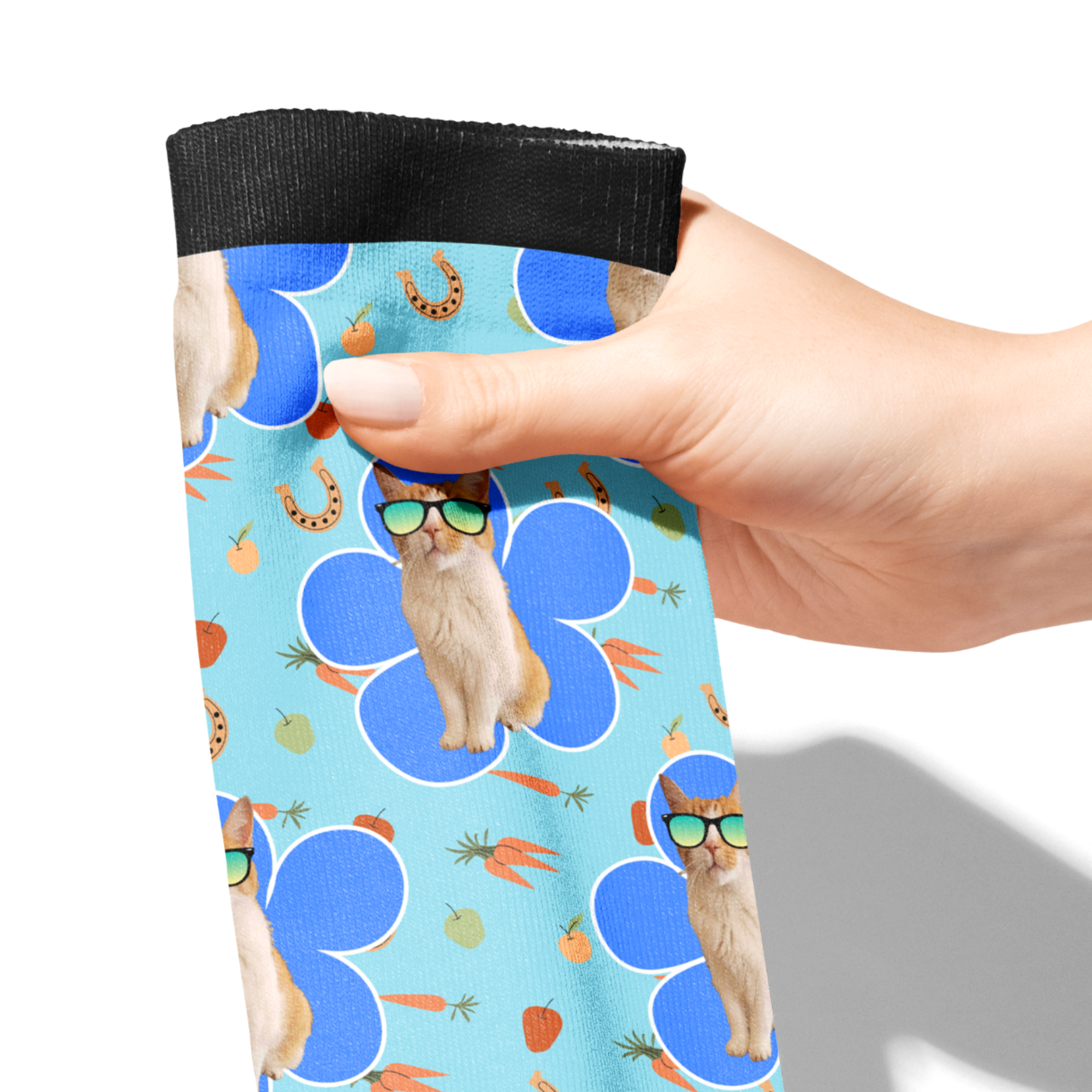 Custom Flower with Stable Snackies Socks featuring blue floral pattern and cat with sunglasses design