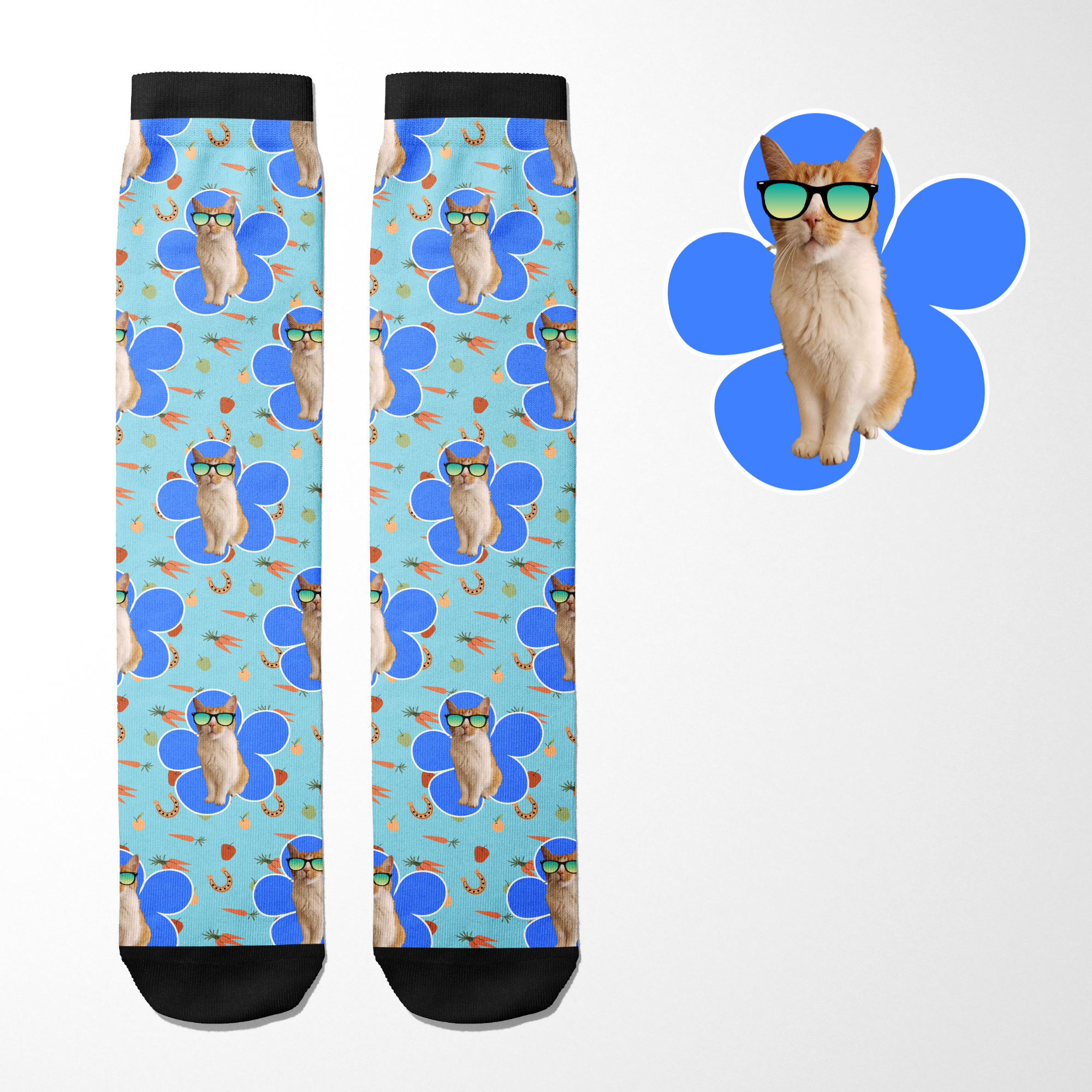 Custom flower and stable snackies socks with cat wearing sunglasses pattern on blue background